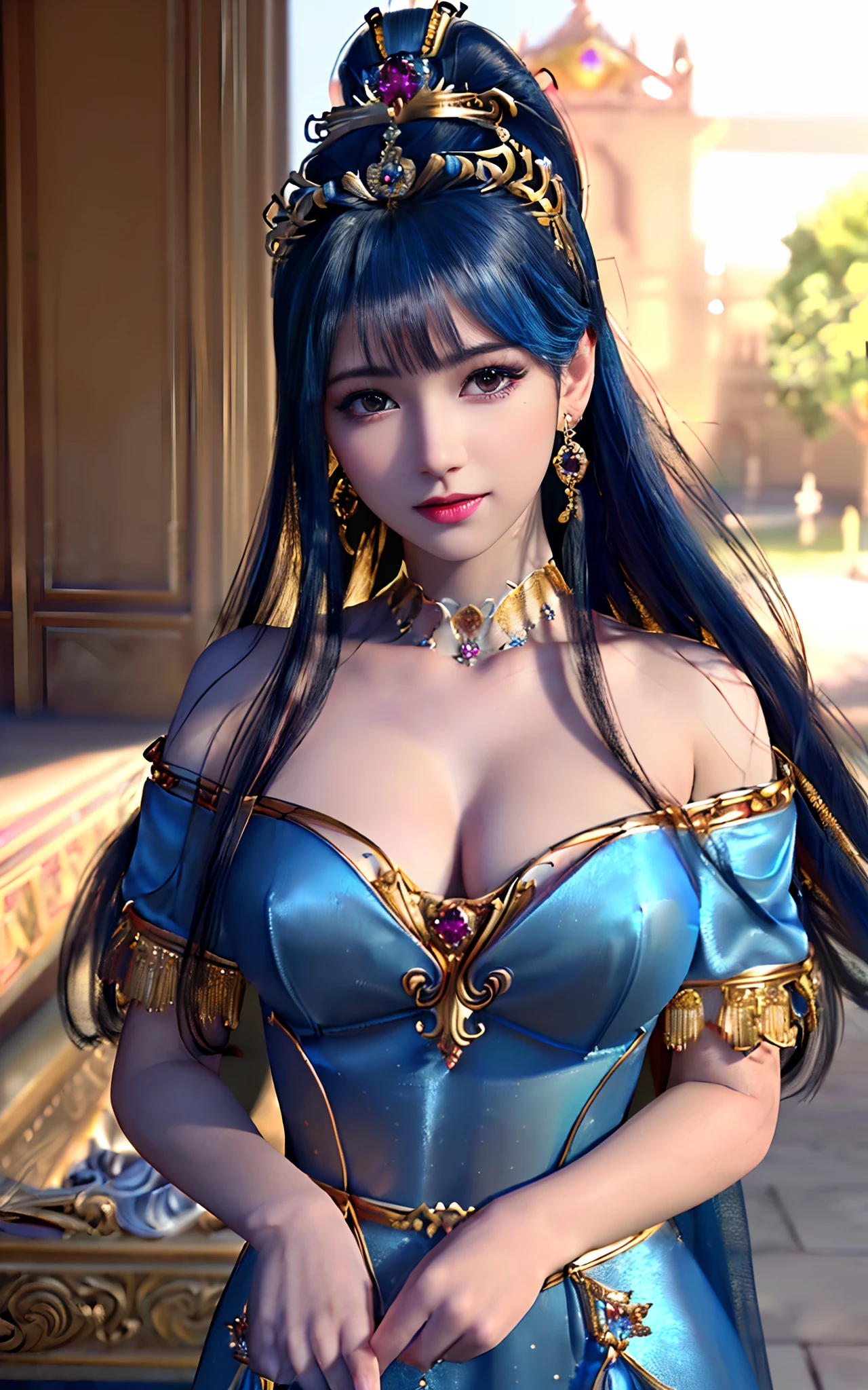 ((realisticity: 1.2)), ((best resolution: 8K UHD)), best quality,masterpiece,highres,cg,
((1 super detailed and super realistic girl)), ((very beautiful queen dazzling, super realistic, and super detailed)),((white skin, beautiful, smooth, youthful, super realistic and super detailed
)), long hair, ((super realistic and super detailed dress)), solo, ((super realistic, super beautiful, gorgeous and super detailed jewelry)), ((super beautiful, super realistic and super detailed dark red and golden yellow dress)),
((super beautiful, super realistic, super detailed diamond filled earrings)),
((super beautiful, super realistic and super detailed diamond filled hair ornament)), ((super beautiful upper body, super beautiful, super realistic and super detailed)), ((big breasts: 2.5)),
((super grand, super realistic and super detailed royal palace backgroun))
((super beautiful, super beautiful, super realistic and super detailed hair bun)), ((super beautiful, super realistic and super detailed blue hair)),
candid, Photograph, high resolution, 8k,Bokeh,
