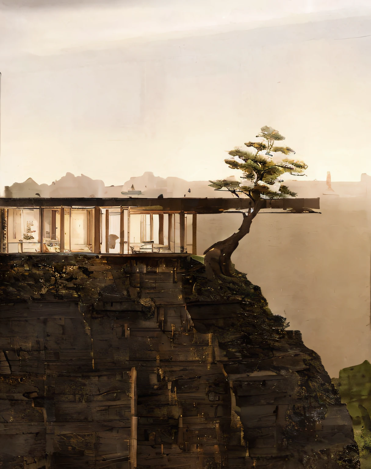 a view of a glass house on a cliff with a tree growing out of it, natureza encontra arquitetura, arquitetura realista, arquitetura inspiradora, dojo em uma montanha, beautiful render of a landscape, architectural visualisation, inspirado em Peter Zumthor, integrado nas montanhas, unique architecture, precise architectural rendering, pintura fosca ultrarrealista, architectural render, architectural render