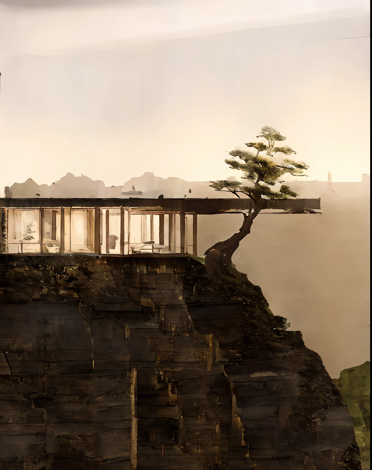 a view of a glass house on a cliff with a tree growing out of it, natureza encontra arquitetura, arquitetura realista, arquitetura inspiradora, dojo em uma montanha, beautiful render of a landscape, architectural visualisation, inspirado em Peter Zumthor, integrado nas montanhas, unique architecture, precise architectural rendering, pintura fosca ultrarrealista, architectural render, architectural render