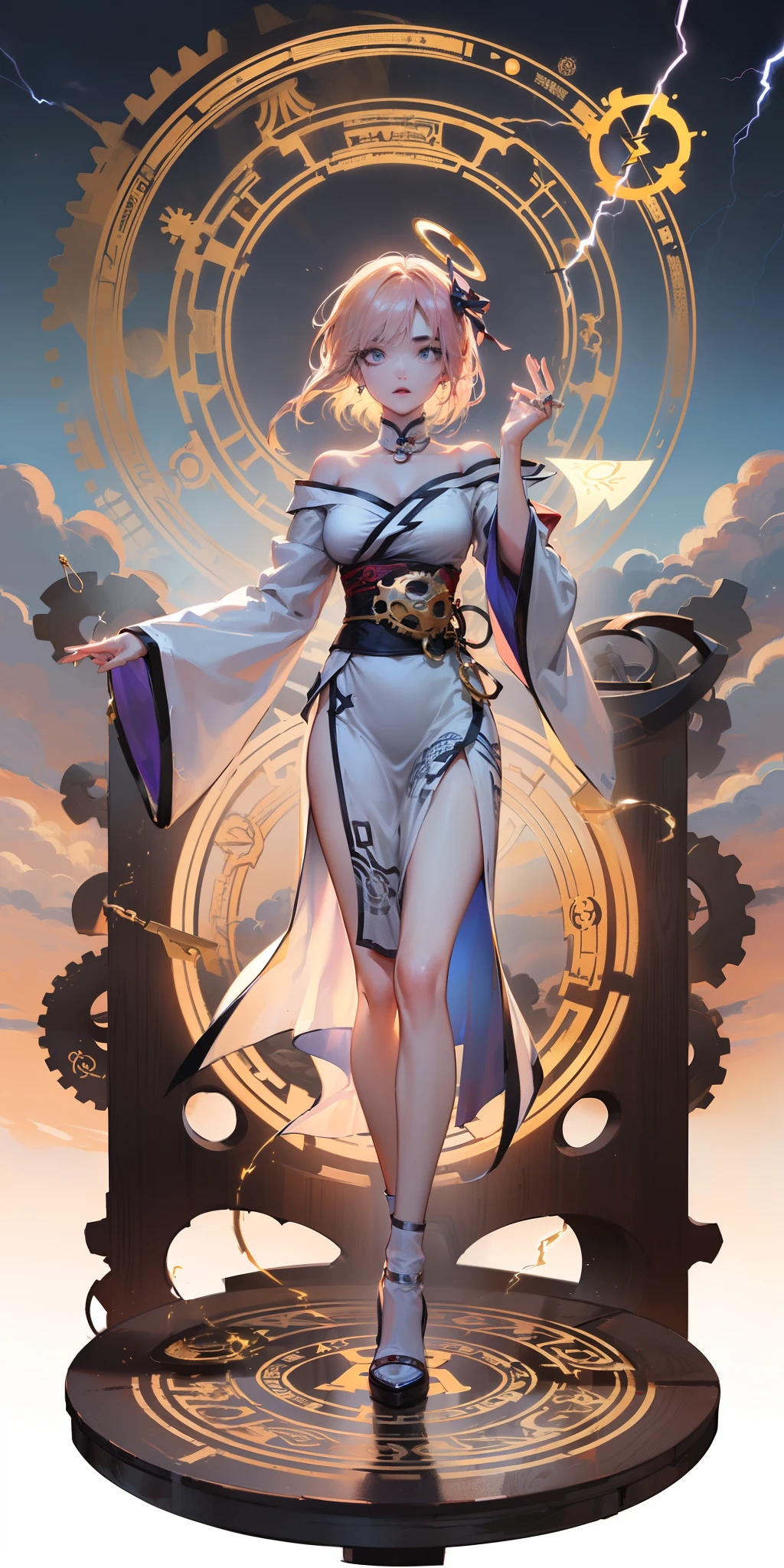 a girl,solo,full body shot,ripple,clear water,wearing splash oil Traditional Chinese Taoist Robe,dewy eyes,ruddy face,highly detail Taoist Headwear and Jewelry,(off shoulder,Insert hands into Long sleeved,long floating ribbon,Thunderstorm clouds,lightning,Lightning Surrounding the body,Electricity,electrical,Aerial view,Concept art,sky:1.2),(magic circle+magic rune+lightning+Eight Trigrams magic ball+Tai Chi ball+Horoscope+gears:1.35)as background behind the girl,magic Saturn Ring halo,