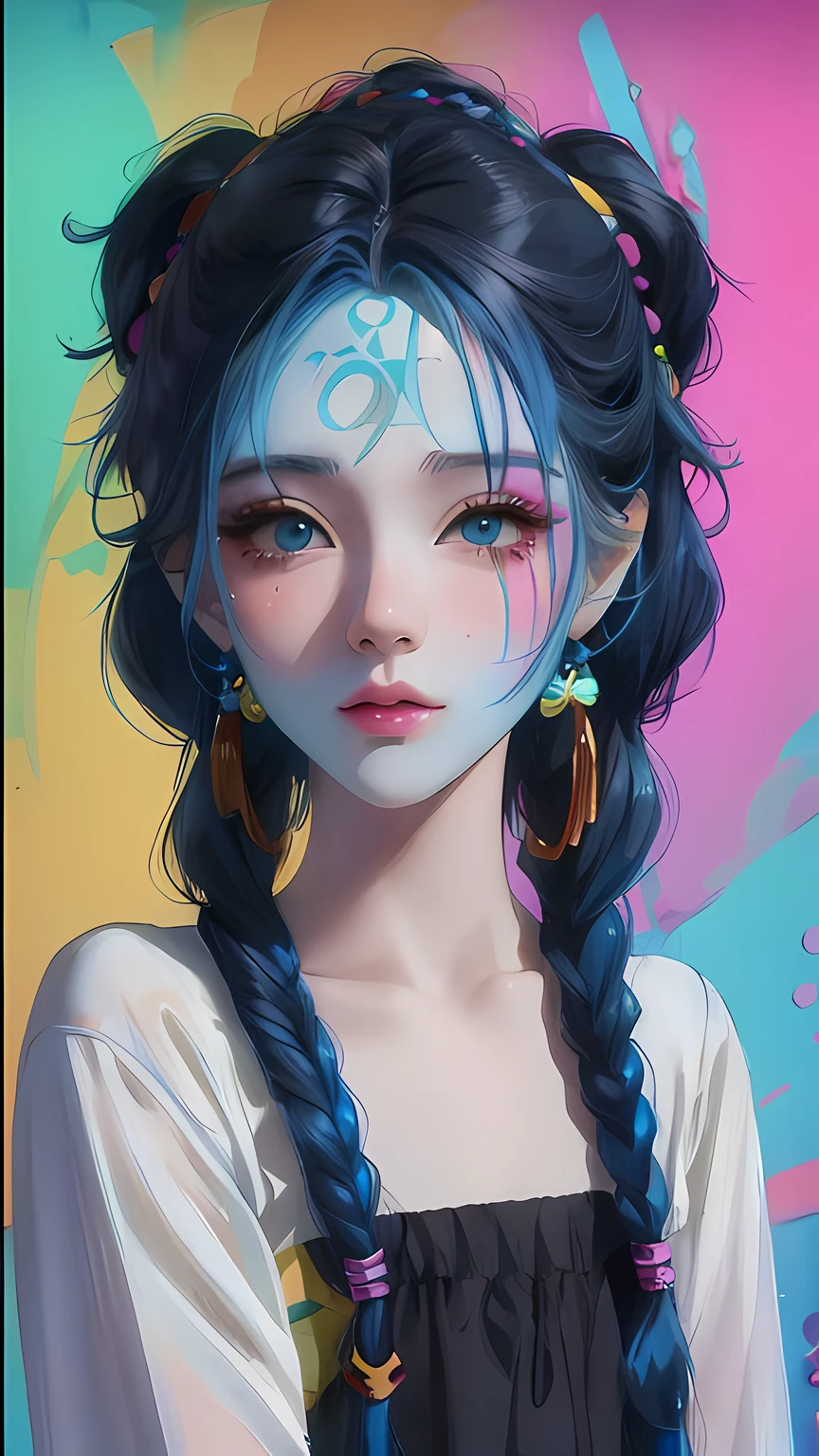 Close up of a girl with blue hair and colored background, Guviz-style artwork, Anime style. 8K, rossdraws pastel vibrant, anime vibes, Stunning anime face portrait, rossdraws cartoon vibrant, unearthly art style, anime realism style, a beautiful anime portrait, Beautiful anime style, anime styled digital art, style of anime4 K