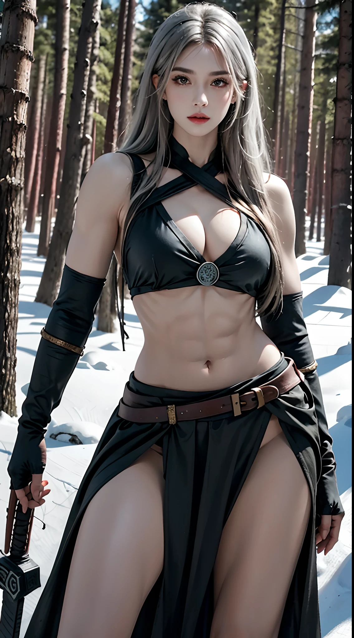photorealistic, high resolution, 1women, solo, hips up, look at viewer, (detailed face), warrior hair, Setting is a Scandinavian forest in winter, snow, bare arms, exposed naval, (abs:1.2). Highly detailed, norse, berserker, arm muscles, leg muscles, tattoo, jewelry