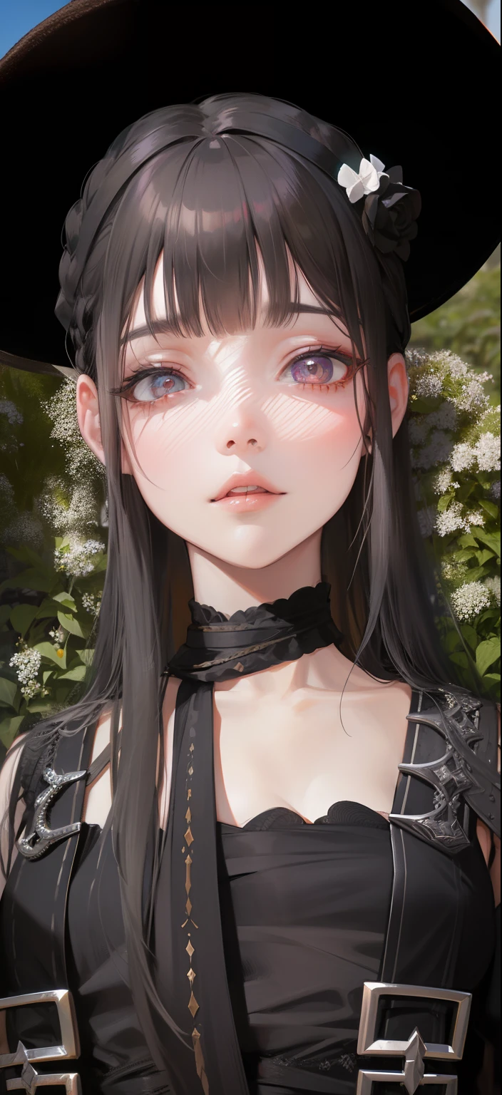 Hay una mujer con sombrero y un vestido negro, con cara muy detallada, Tiene una mirada penetrante, ( ( ojos negros profundos ) ), loli, Personaje de primer plano, Primer plano del personaje, Altamente_Detallado_cara!!!, inspirado por Ma Yuanyu, Cara detallada sin borrosidad, Primer plano del personaje, highly detailed character, mirada penetrante
