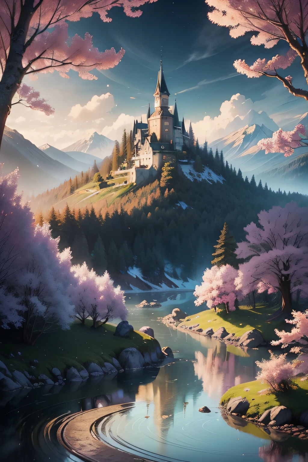 （tmasterpiece，top Quority，best qualtiy，offcial art，Beauty and aesthetics：1.2），（Fairy tale style landscape，springtime，夏天，autumnal，Winters，High hills，flowingwater，ln the forest，the ocean，uni，rainforests，snowfield：1.3），