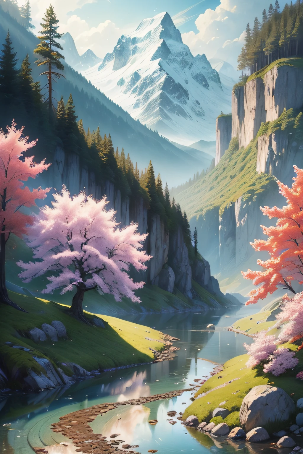 (tmasterpiece,top Quority,best qualtiy,offcial art,Beauty and aesthetics:1.2),(Fairy tale style landscape,springtime,夏天,autumnal,Winters,High hills,flowingwater,ln the forest,the ocean,uni,rainforests,snowfield:1.3),