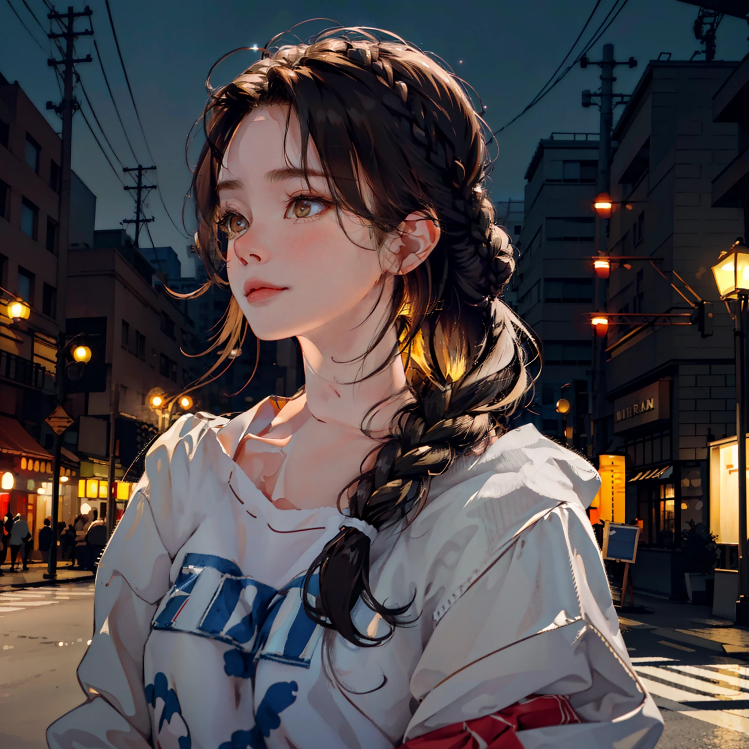 kr-pny, braided bun,  parted bangs, 1girl, portrait, black haired girl with yellow highlights, A girl walking down a boulevard in a big city with twinkling lights,
extremely detailed hair, intricate detail,
rim lighting, side lighting, cinematic light, ultra high res, 8k uhd, film grain,best shadow, delicate, RAW,
masterpiece, best quality,