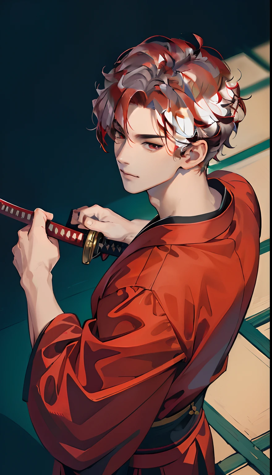 (absurd, high, extremely detailed),((masterpiece)), ((best quality:1.1)), High resolution, 8k,1 boy, (white hair, slightly curly hair, hair super short, layered hair :1.1 ), shaded face, (male kimono: 1.1), , (top view: 1.1), (red inner eye), (katana in hand), sword pose artist, anime style, japanese house