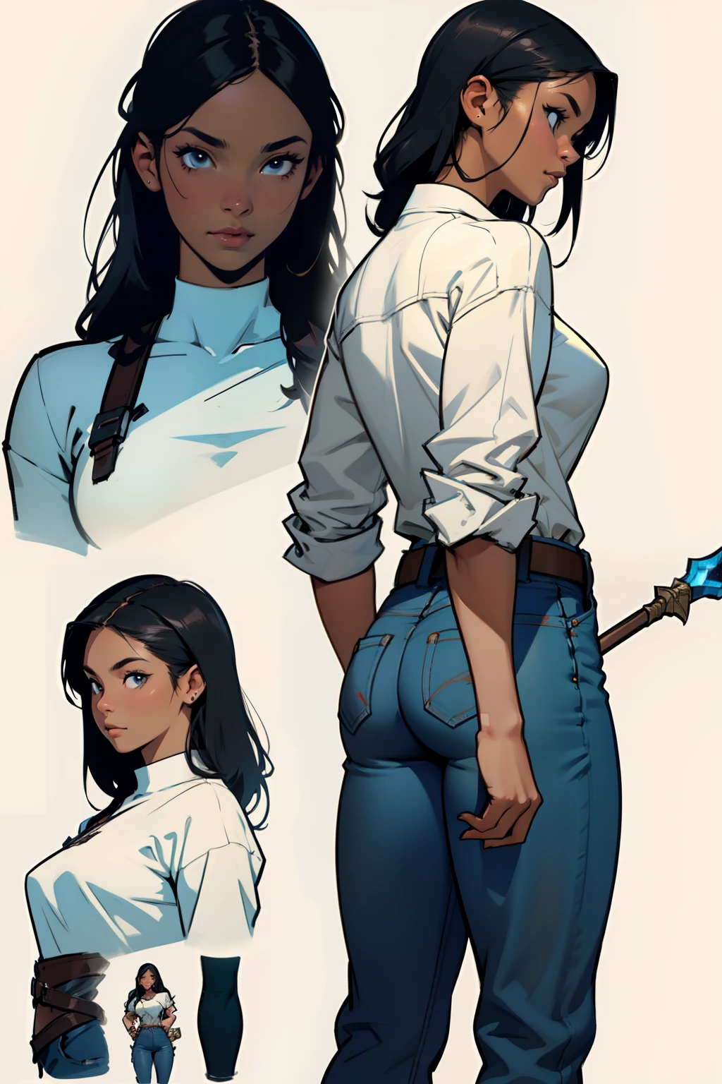 Close-up of a woman in a average casual costume ((white shirt and short jeans)), ((character concept art)), ((character design sheet, same character, front, side, back)) character art, video game character design, video game character design, long spear, girl dark skinned and long black straight hair, grey glowing decoration on girl's clothes, expert high detail concept art, spear at her hand
