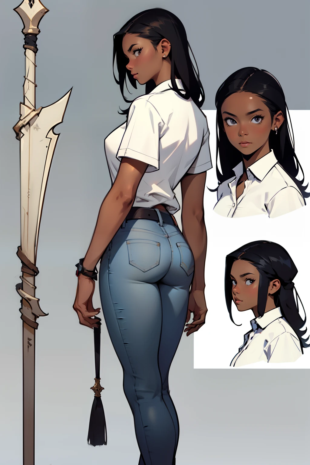 Close-up of a woman in a average casual costume ((white shirt and short jeans)), ((character concept art)), ((character design sheet, same character, front, side, back)) character art, video game character design, video game character design, long spear, girl dark skinned and long black straight hair, grey glowing decoration on girl's clothes, expert high detail concept art, spear at her hand