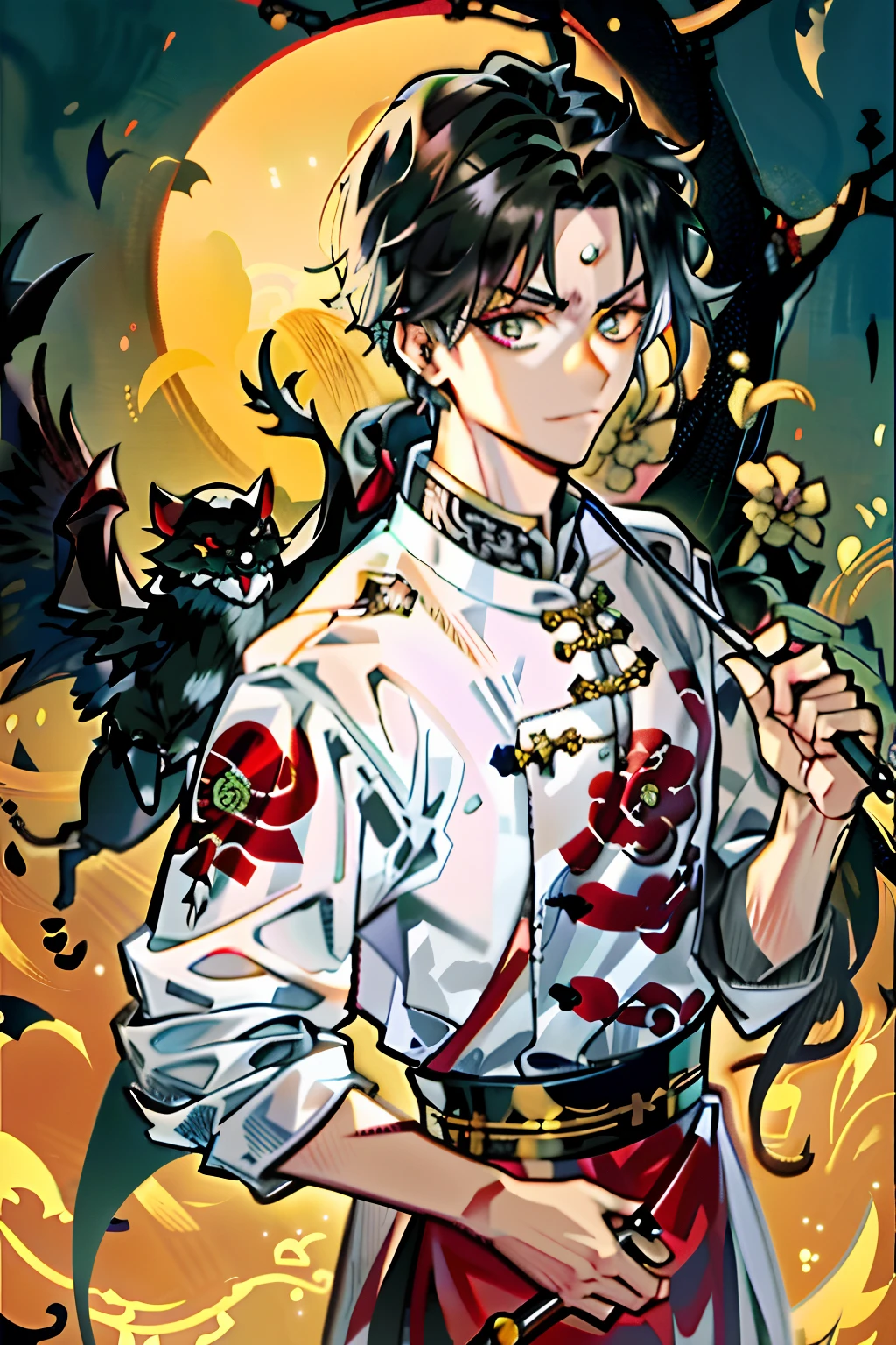 Close-up of a man holding a knife before the full moon, handsome guy in demon killer art, Handsome traditional Chinese boy, demon slayer rui fanart, shigenori soejima illustration, demon slayer artstyle, shuushuu anime image, by Yang J, inspired by Wuzhun Shifan, hijikata toushirou of gintama