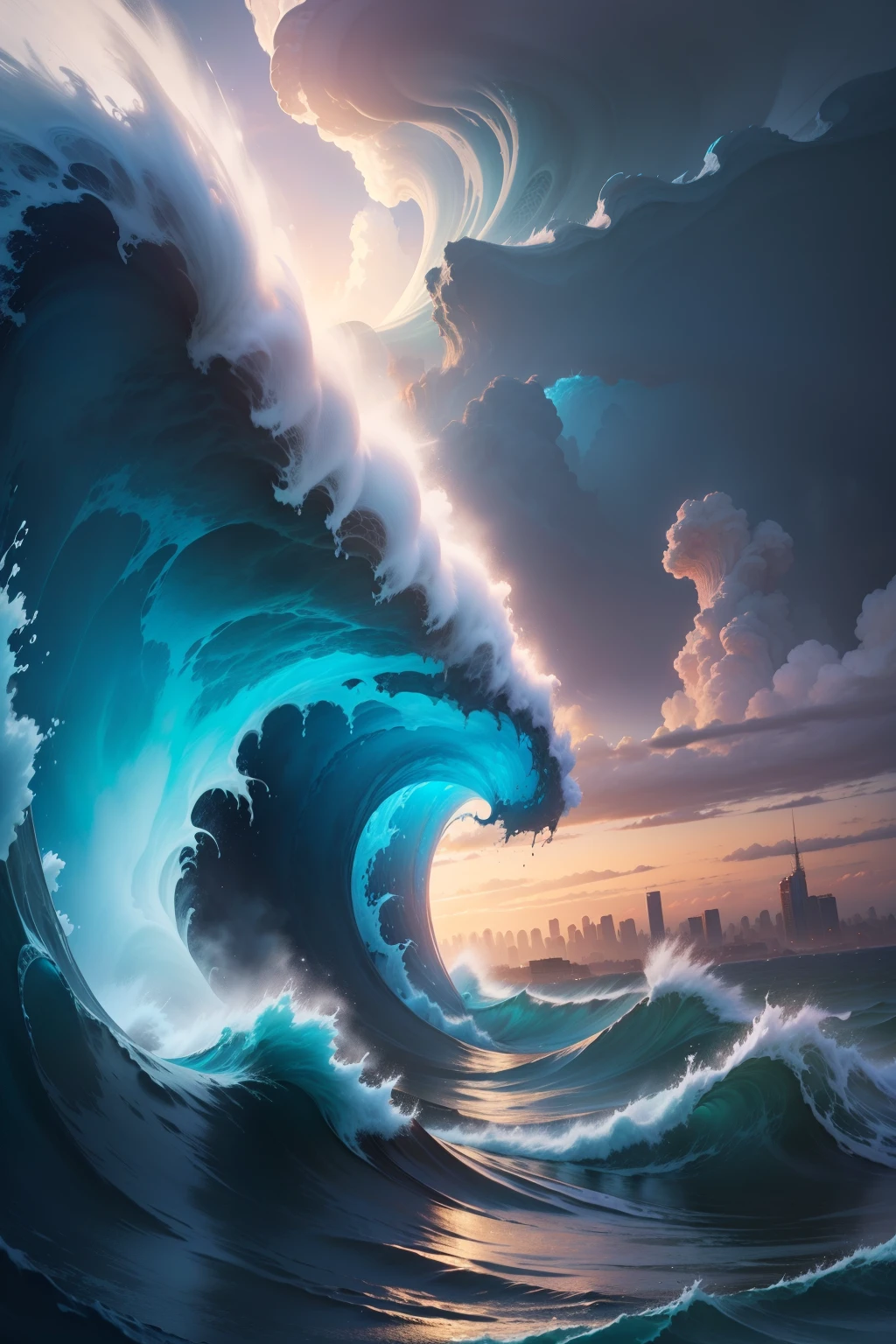 behind: giant wave, water, apocaliptic scenario, Best quality, masterpiece, ultra high res, a city, tsunami, atlants, atlantida, doom, apocalypse, destruction