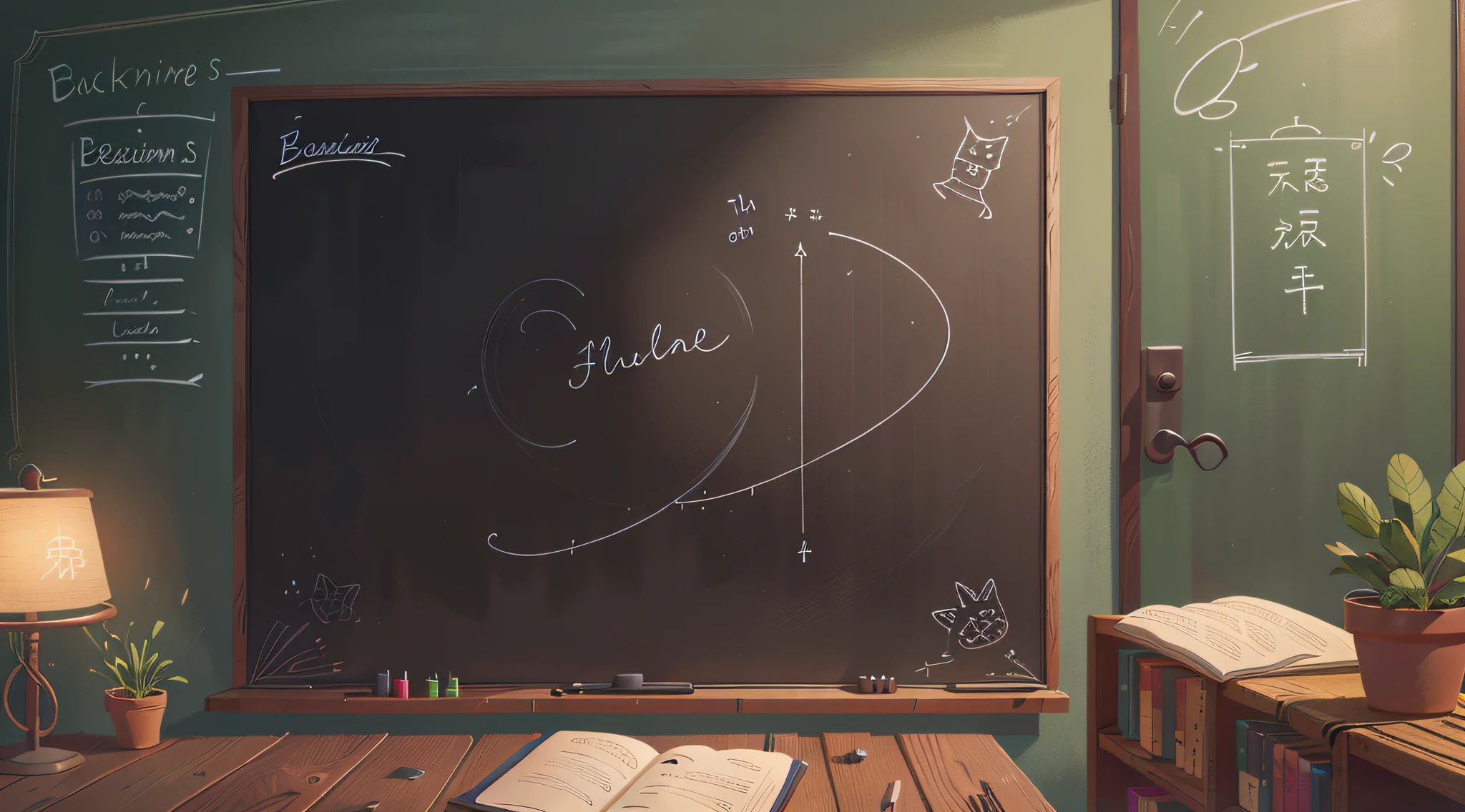 Indoor blackboard，The handwriting is clear，Inky black color，A tranquil，NOhumans