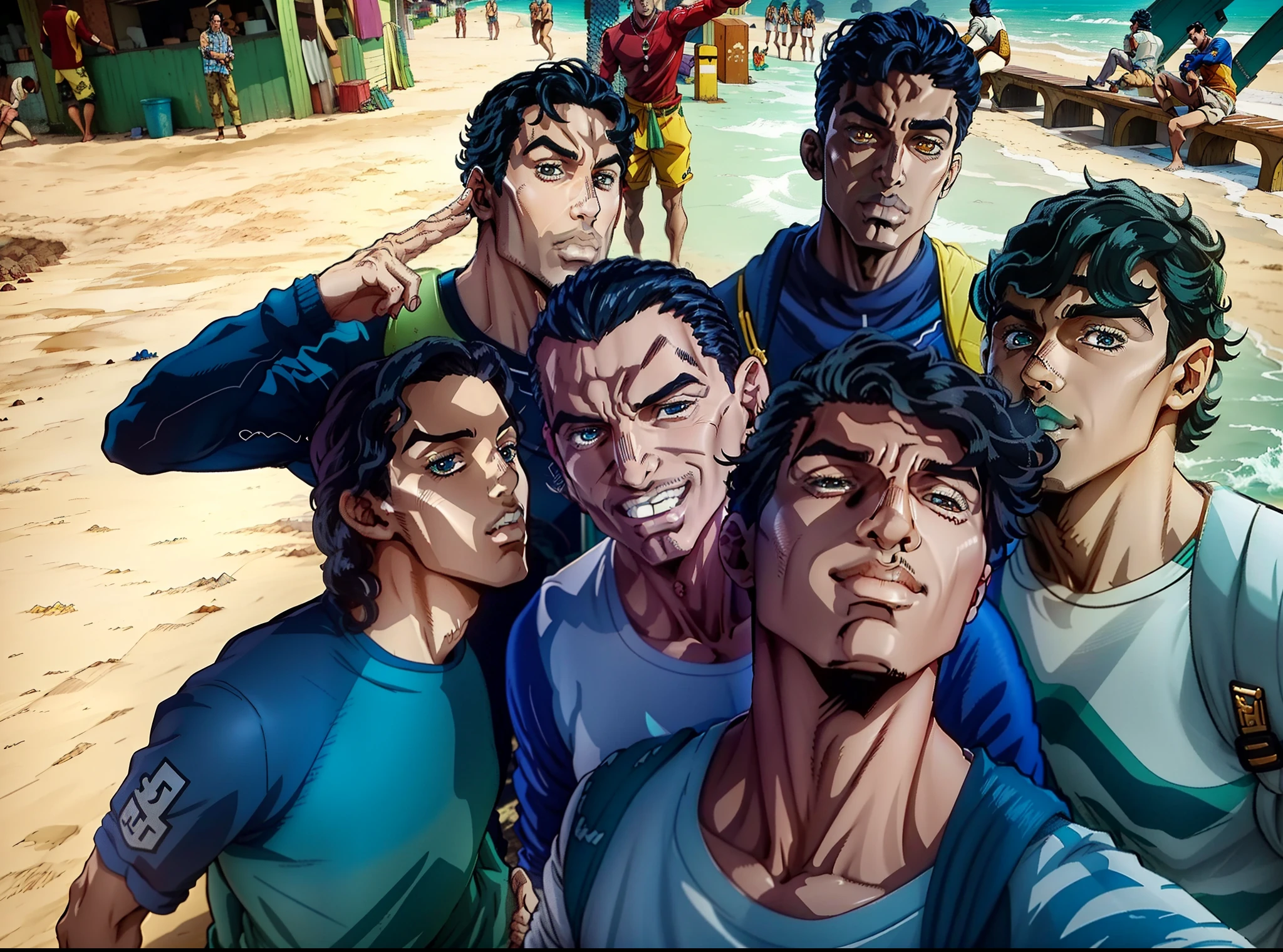 there are many men standing together in a group posing for a picture, selfie, taken on go pro hero8, posing for a picture, cute boys, frontal picture, in the beach, favela, salvador, accidental selfie, Jojo style art, jojo background