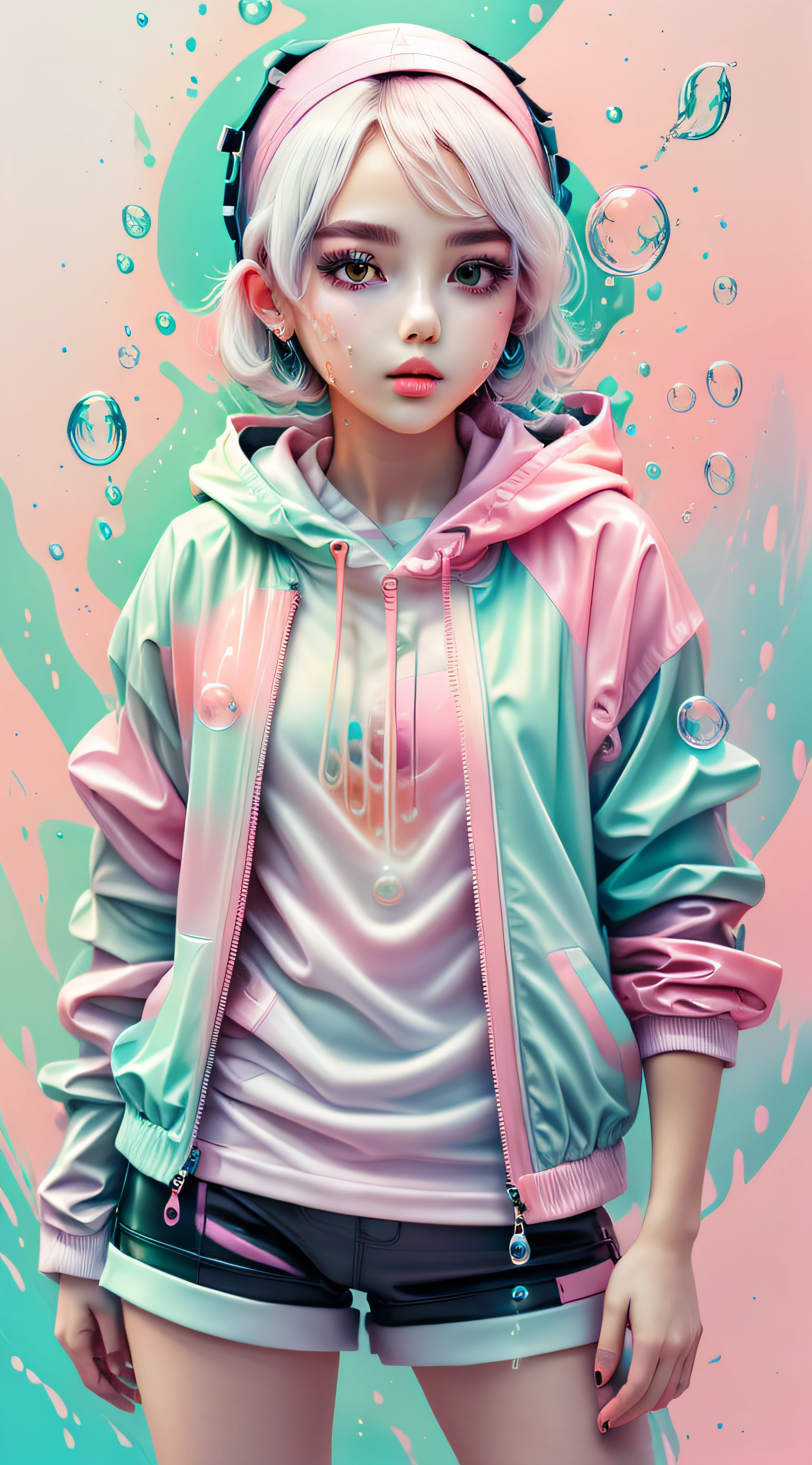 white,totally white,pastel colors,(bubble drip)1girl with techwear clothes,sexy,circular shapes on background(bubble drips)melt