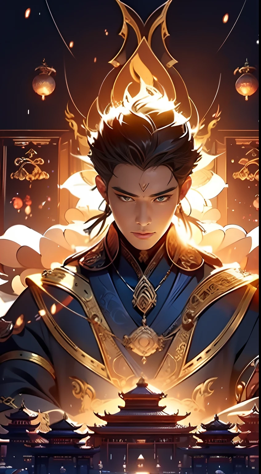 Symmetrical fantasy digital art style,16 yaers old，Golden Daoist bust floats,In front of him，It is the alchemy furnace of Eastern Taoism,A huge alchemy furnace,It is being baked by a magical flame，Alchemy furnace，((Alchemy furnace:1.5)),The alchemy furnace has magical powers,The alchemy furnace has magic，The alchemy furnace is decorated with unique carvings and precious stones, Represents the power and magic of the mage，The alchemy furnace has a magical aura,Oriental Palace，The ancient Forbidden City，The majestic Great Wall，Magical oriental Taoist elements，Bagua patterns with magical powers，The ancient totem of the Taiji Yin Yang fish,Taoist Taiji Yin Yang Bagua Diagram,Magnificent palace of the gods,Knolling，8K，tmasterpiece，super-fine，best qualtiy，tmasterpiece，Works of masters，Detailed pubic hair，Accurate，Epic fantasy art，offcial art，Extremely detailed，tmasterpiece，Best quality at best,very detailed ,Best quality at best,The best shadow,Very detailed pictures，entire character，photorealisti，ultra-realistic realism，Symmetrical fantasy digital art style,Symmetrical fantasy digital art style,Epic fantasy digital art style, best qualtiy,realisticlying，realisticlying, highest detailed skin,Face in the highest detail,cinmatic lighting,very beautiful fantasy art, fantasy style art, Fantasy art style, digital fantasy art,art-style，The handsome golden light Taoist priest wears a Han costume painted with Taoist elements,The light from the back window is backlighted，Facing away，Light wind，sportrait，fine art，,Delicate character art in poetry，Stunning character art，Wuxia style，Glorious elements in the theme of the palace。The mysterious city，great outdoors，Cleverly surrounded by fireflies（nature elements),(Particle effect）and other 3D， Octane rendering，Ray traching，Super meticulous