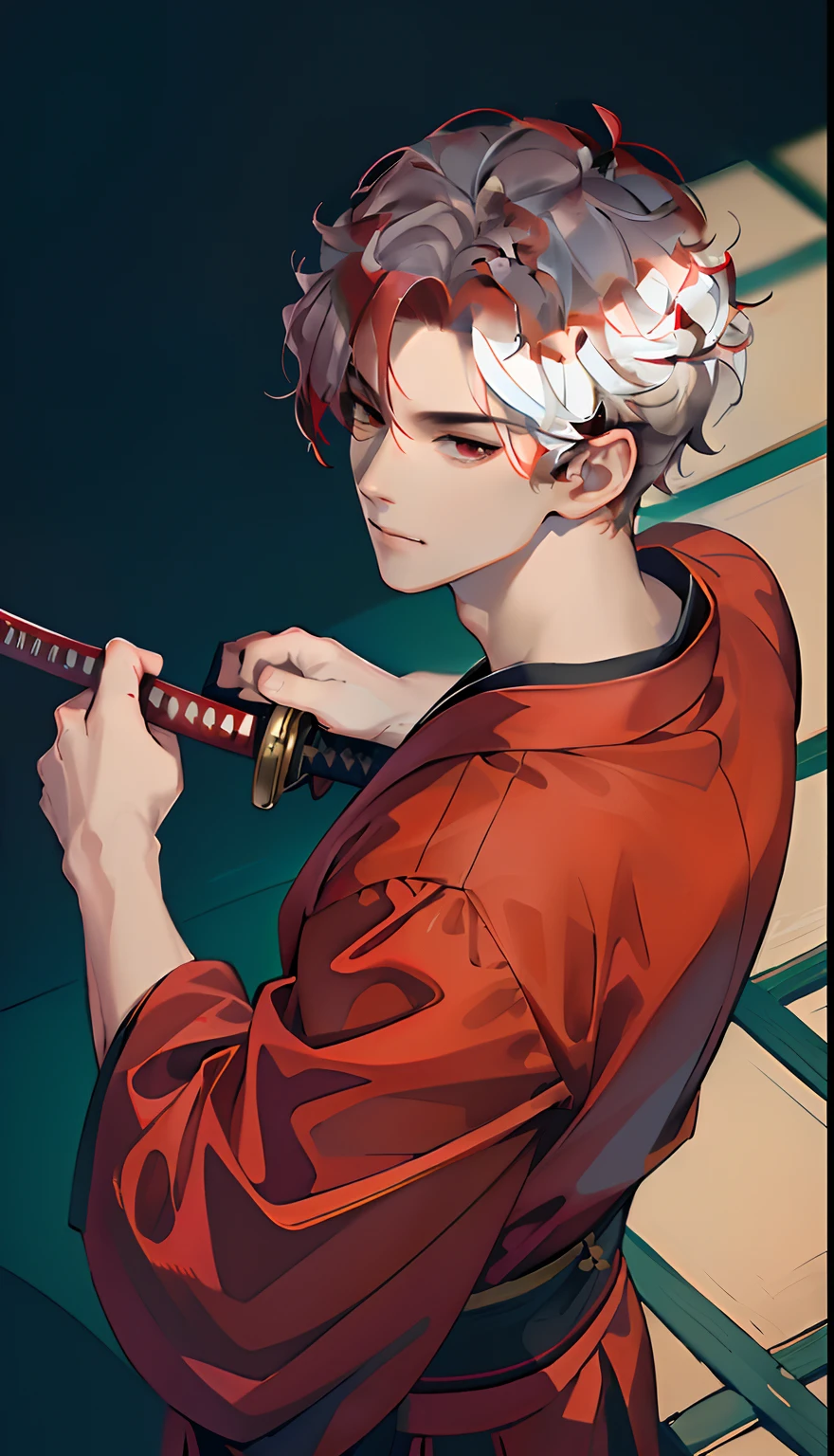 (absurd, high, extremely detailed),((masterpiece)), ((best quality:1.1)), High resolution, 8k,1 boy, (white hair, slightly curly hair, hair super short, layered hair :1.1 ), shaded face, (male kimono: 1.1), , (top view: 1.1), (red inner eye), (katana in hand), sword pose artist, anime style, japanese house