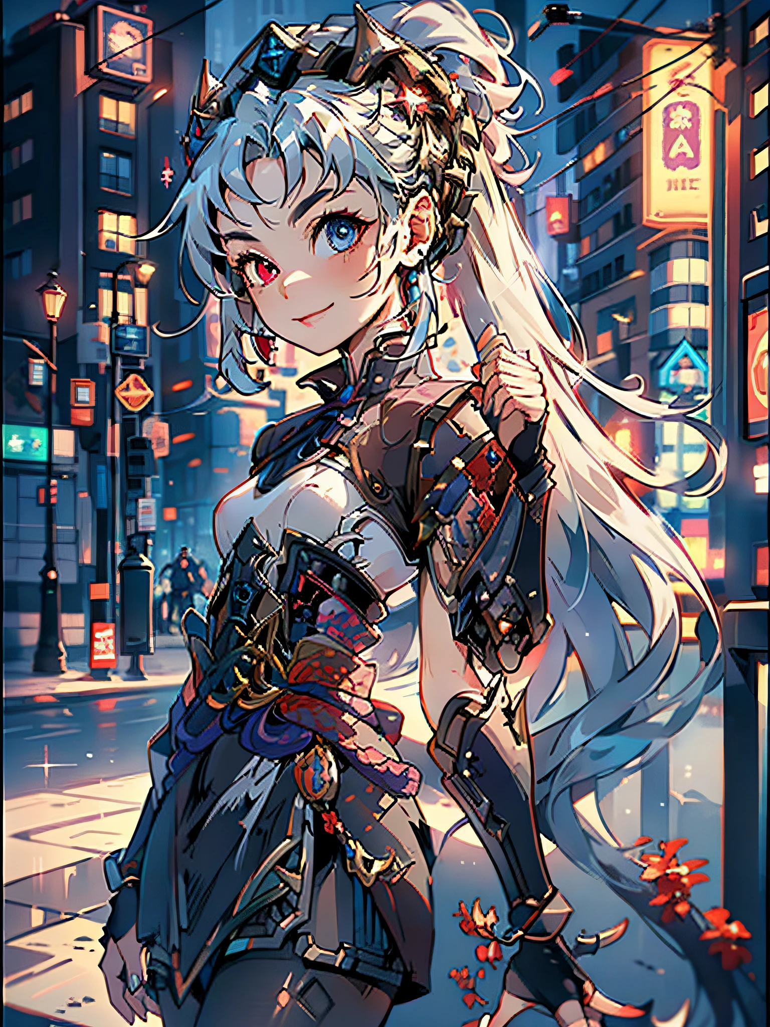 League of Legends, Zoe, 1 Girl, Heterochromia, Heterochromia, Short Skirt, Black Dress, Pantyhose, Very Long Hair, Fingerless Gloves, Smile, Shut Up, Upper Body, Porter Qualities, Short Stature, Cyberpunk, Hanbok