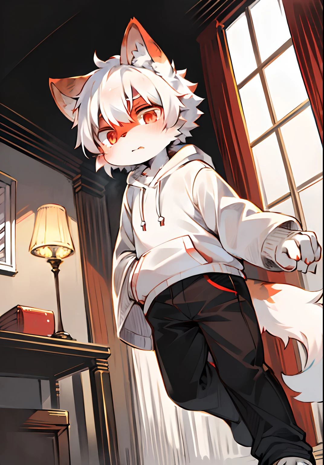 (Bright environment:0.8),masterpiece,high quality,abstract res,digital painting\(artwork\), by dagasi, yupa,kiyosan,(anthro,fluffy fur,character focus:1.1),anthro male cat,short hair,portrait , eyes with brightness, in a panoramic view, Character focus.(detailedbackground:0.7), 独奏, shaggy, shaggy male, malefocus, anthr,(Full Body Furry, Fluffy tail, White fur, Crimson eyes, white color hair:1.2), (long canines、Red and white hooded sweatshirt，Black and white pants:1.2），（White house，Grim expression：1.1），