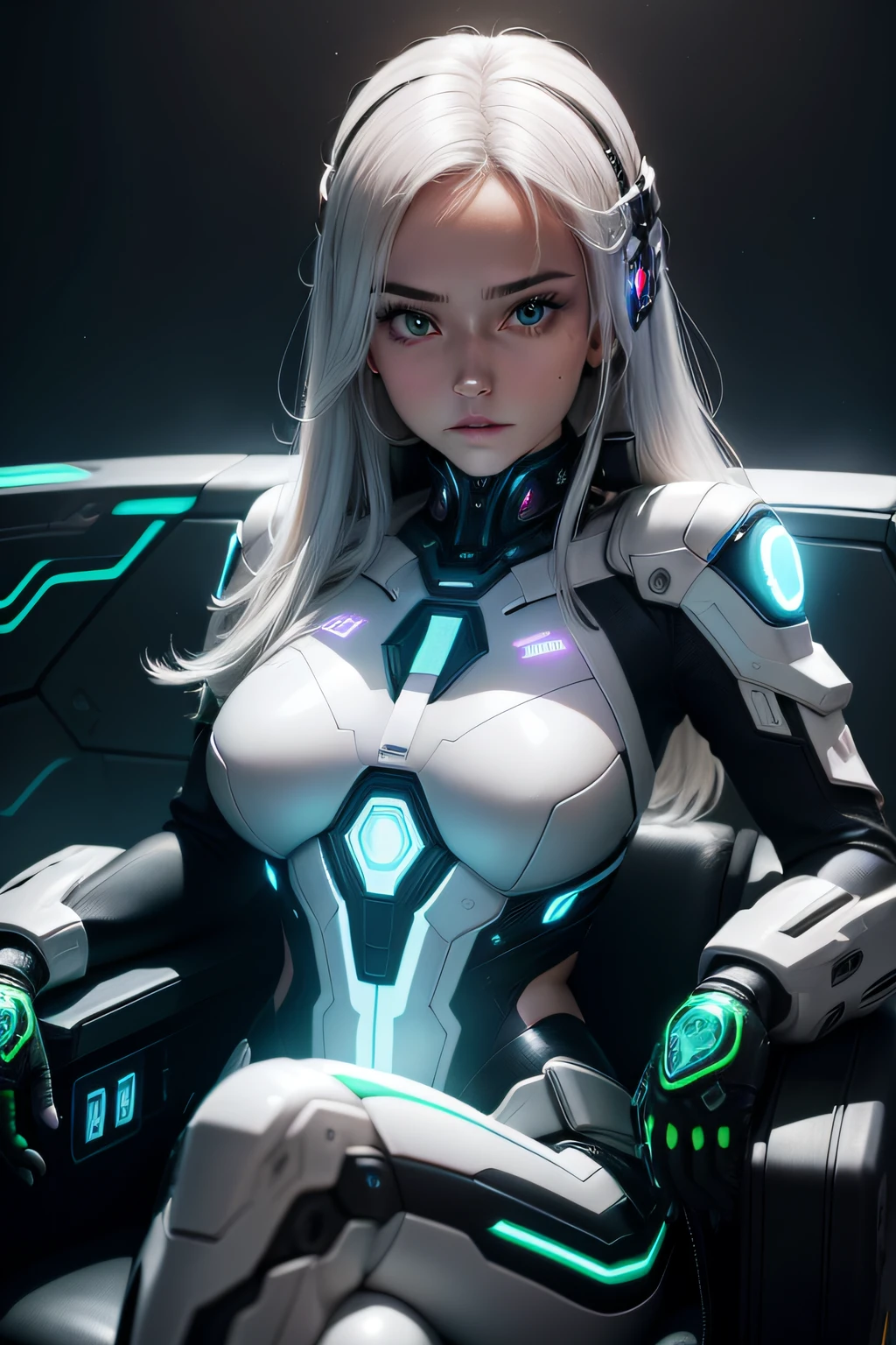 Uma mulher jovem e confiante, com cabelos castanhos cor de azeitona e olhos verdes brilhantes, is sitting in a futuristic style chair, with a black and white cybernetic suit that glows with interchangeable lights on his chest and arms. The suit is decorated with metal plates and flexible tubes that glow with a bluish light, giving the impression that it is connected to an advanced artificial intelligence. The woman has a determined expression on her face, in a technical control pose, as if he were piloting an advanced spaceship. The background of the image is a dark starry sky, with fluttering clouds and interchangeable lights that glow in a cyberpunk style