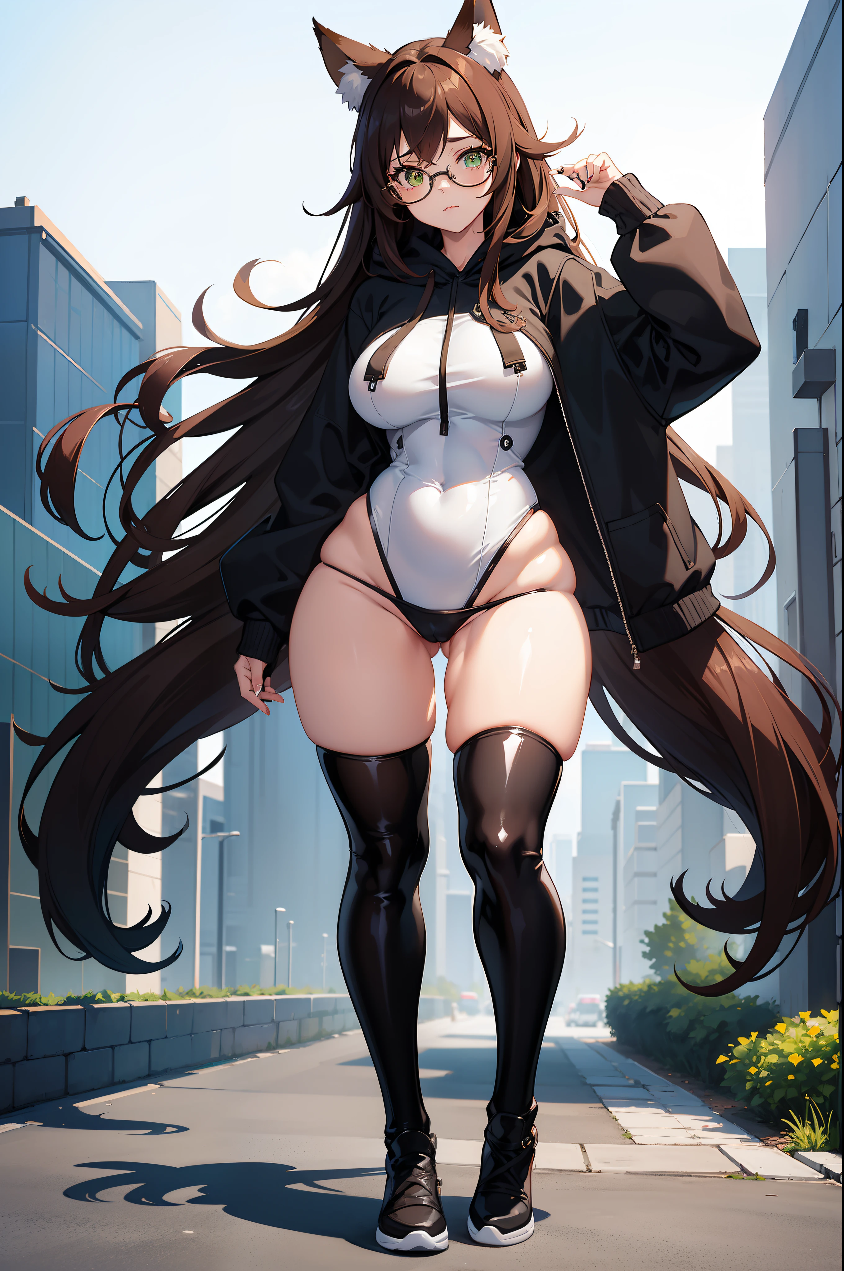 1girl, foxgirl, fox ears, fox tail, dark brown hair, green eyes, long hair, big round thin glasses, white cropped hoodie, black latex bodysuit underneath the hoodie, wide hips, thick thighs, medium-sized breasts, full body, looking forward, mature, beautiful eyes, curvy body, :3, wearing hoodie on top,