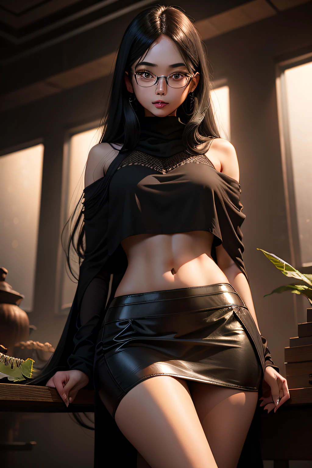 In a dimly lit studio,A long black hair,short skirt,High heels,Crop topping,shawl,Melon seed face,wears glasses,Waiting for his arrival