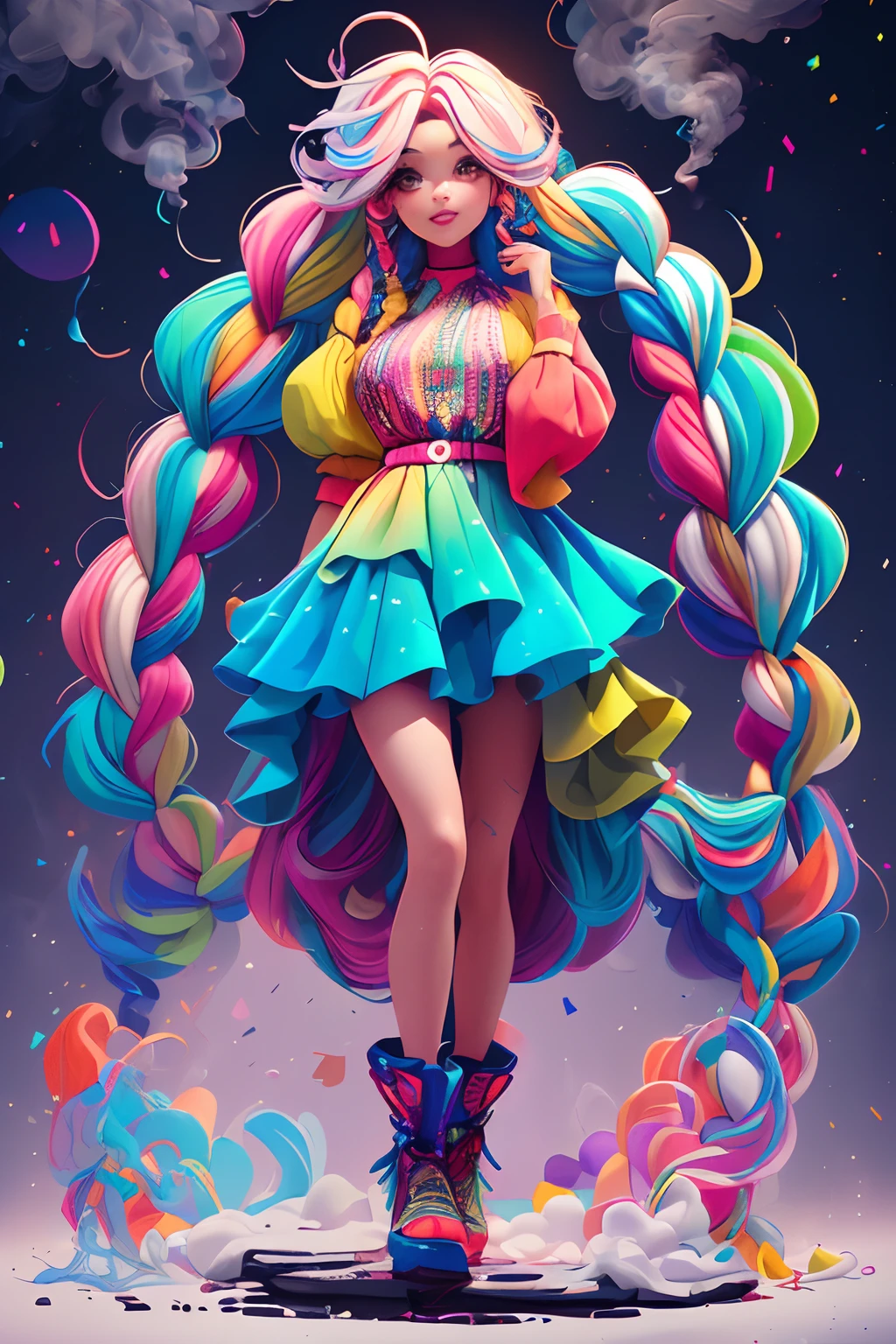 (full body:1.2), (Smokexxx:1.4), 1girl with really wild hair, (wavy multicolor hair:1.2), (two long braids:1.2), (long wild hair:1.2), (multicolored hair: 1.9), wearing a long skirt, high contrast, epic cinematic, soft studio lights, rim light, absurd, amazing, funny, itricate, hyper detailed, ultra realistic, soft colors, 8K