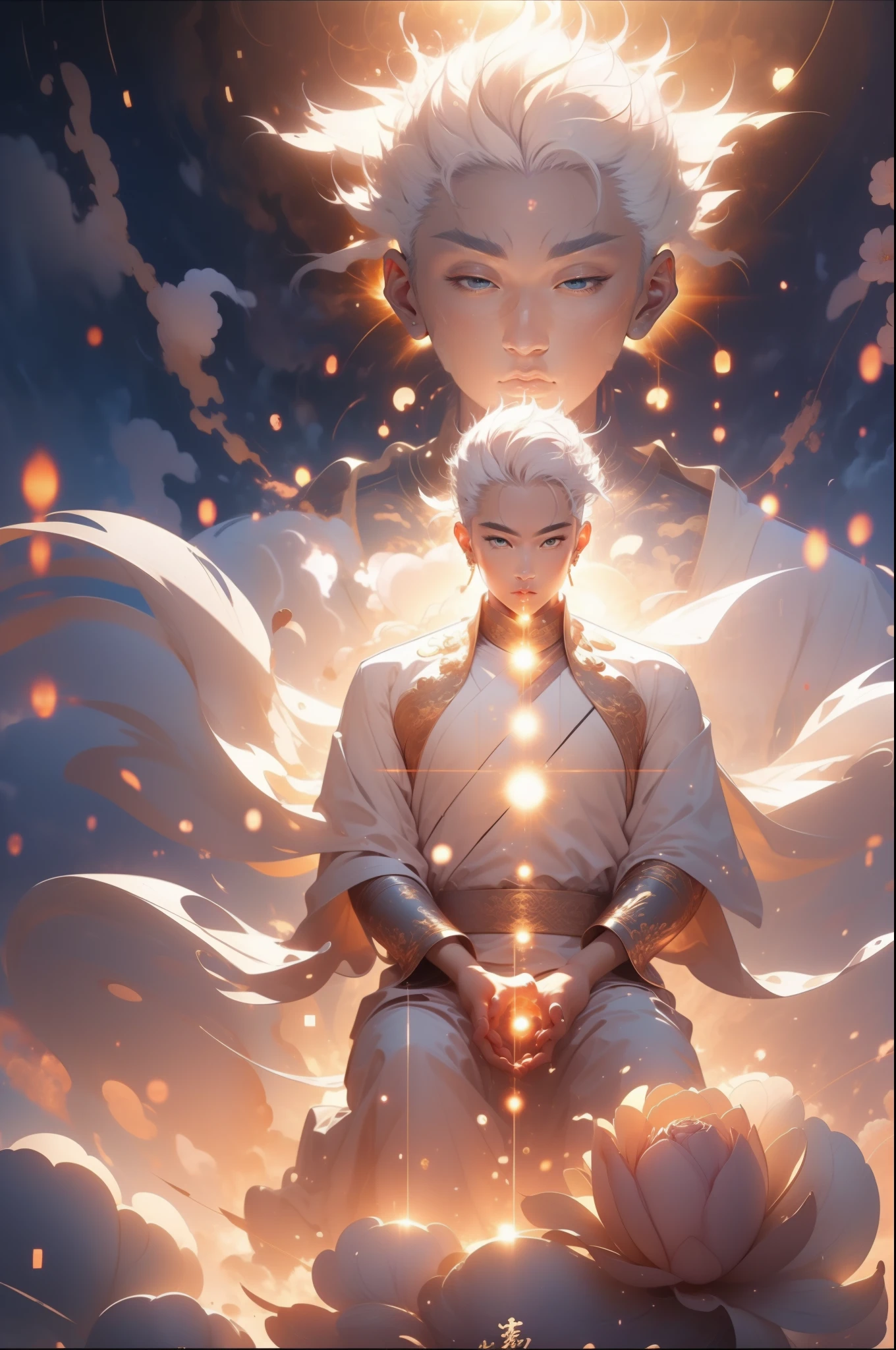 (The sun is shining:1.2)，White-haired Chinese young man in the light，(Like Buddha，Sit on the clouds)，on the sky，Flowers bloom around the clouds，Best quality at best