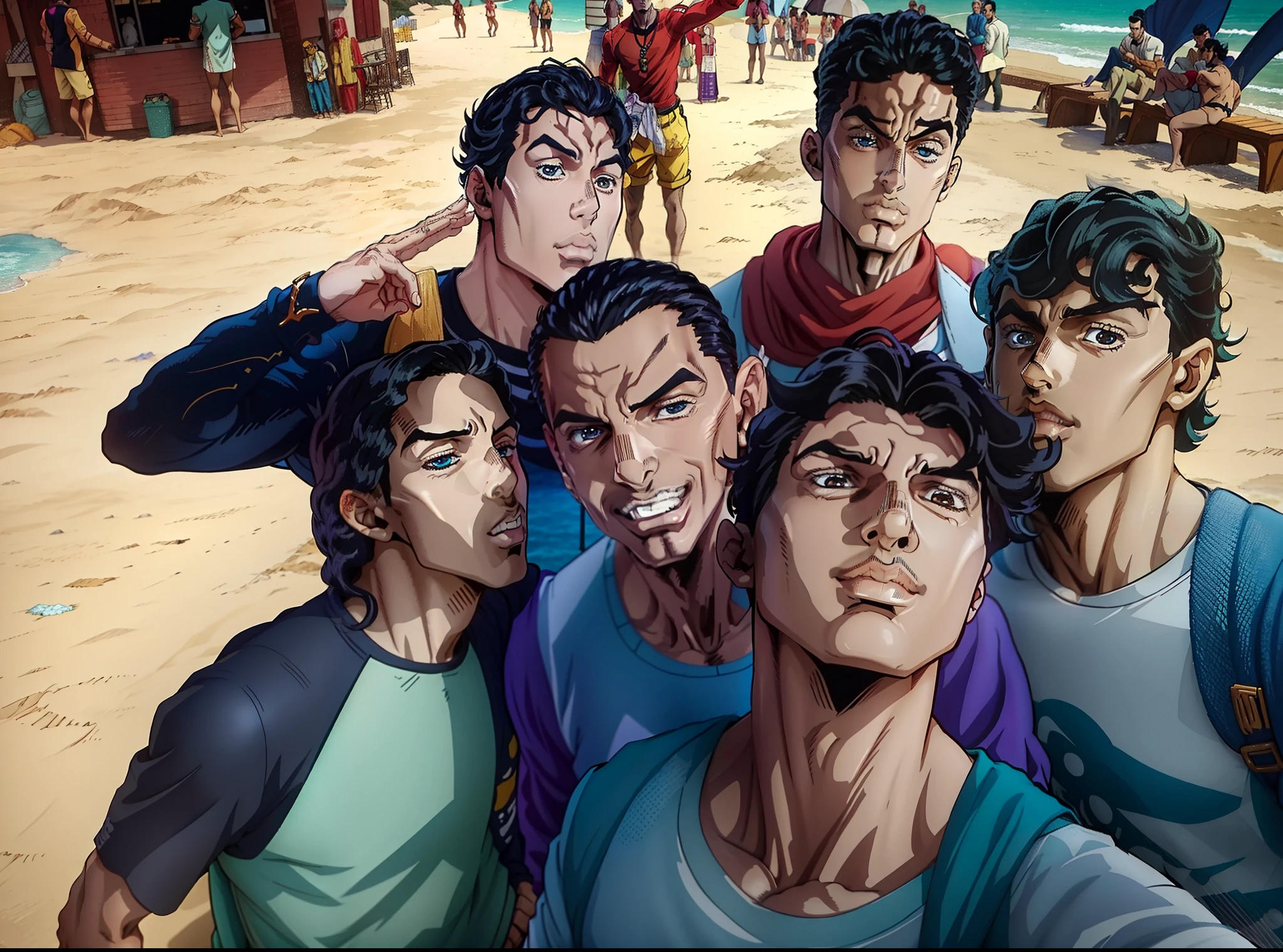 there are many men standing together in a group posing for a picture, selfie, taken on go pro hero8, posing for a picture, cute boys, frontal picture, in the beach, salvador, accidental selfie, Jojo style art, jojo background, beauty faces, perfect faces