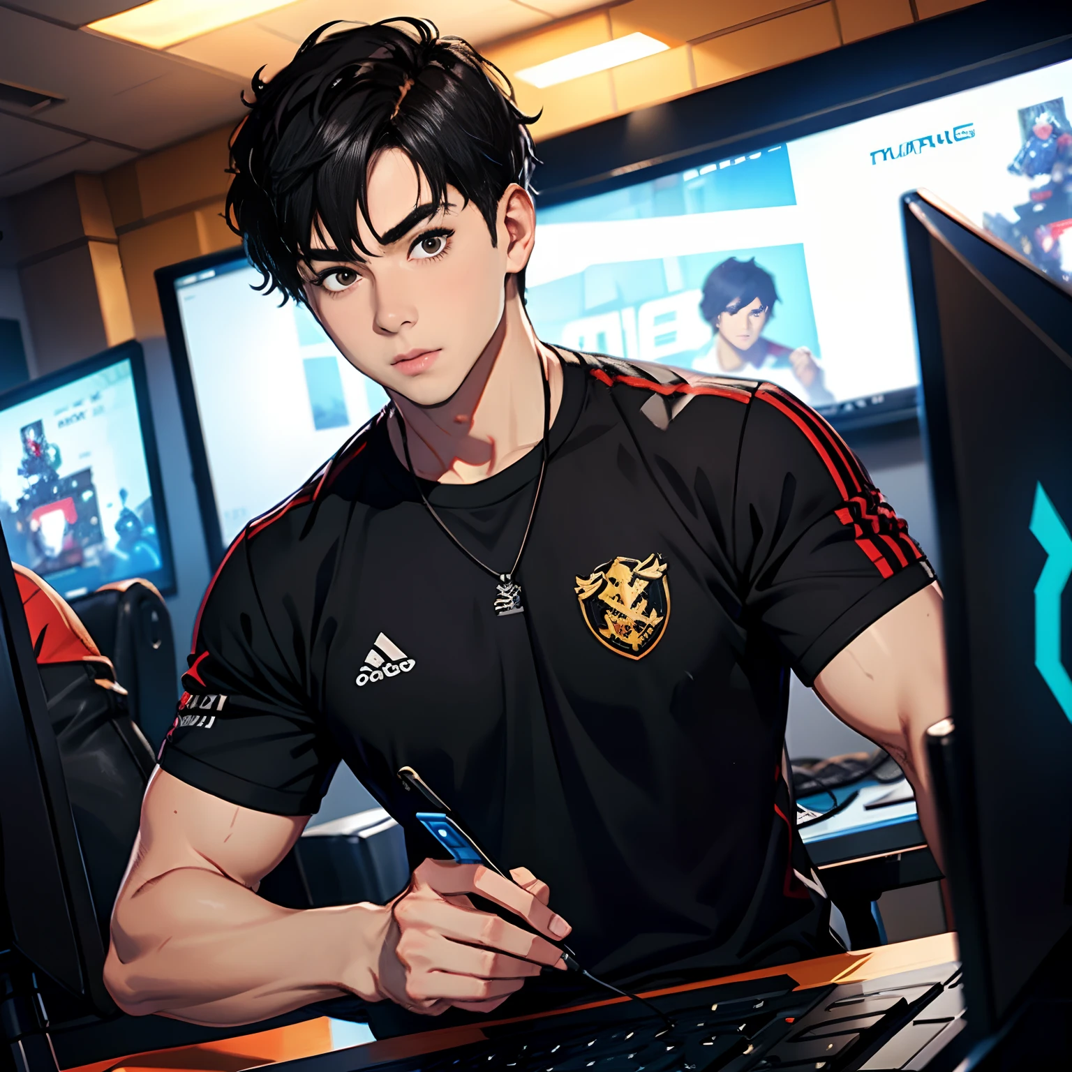 A burly young man with short black hair，wearing black clothes，Playing with your phone in the esports arena
