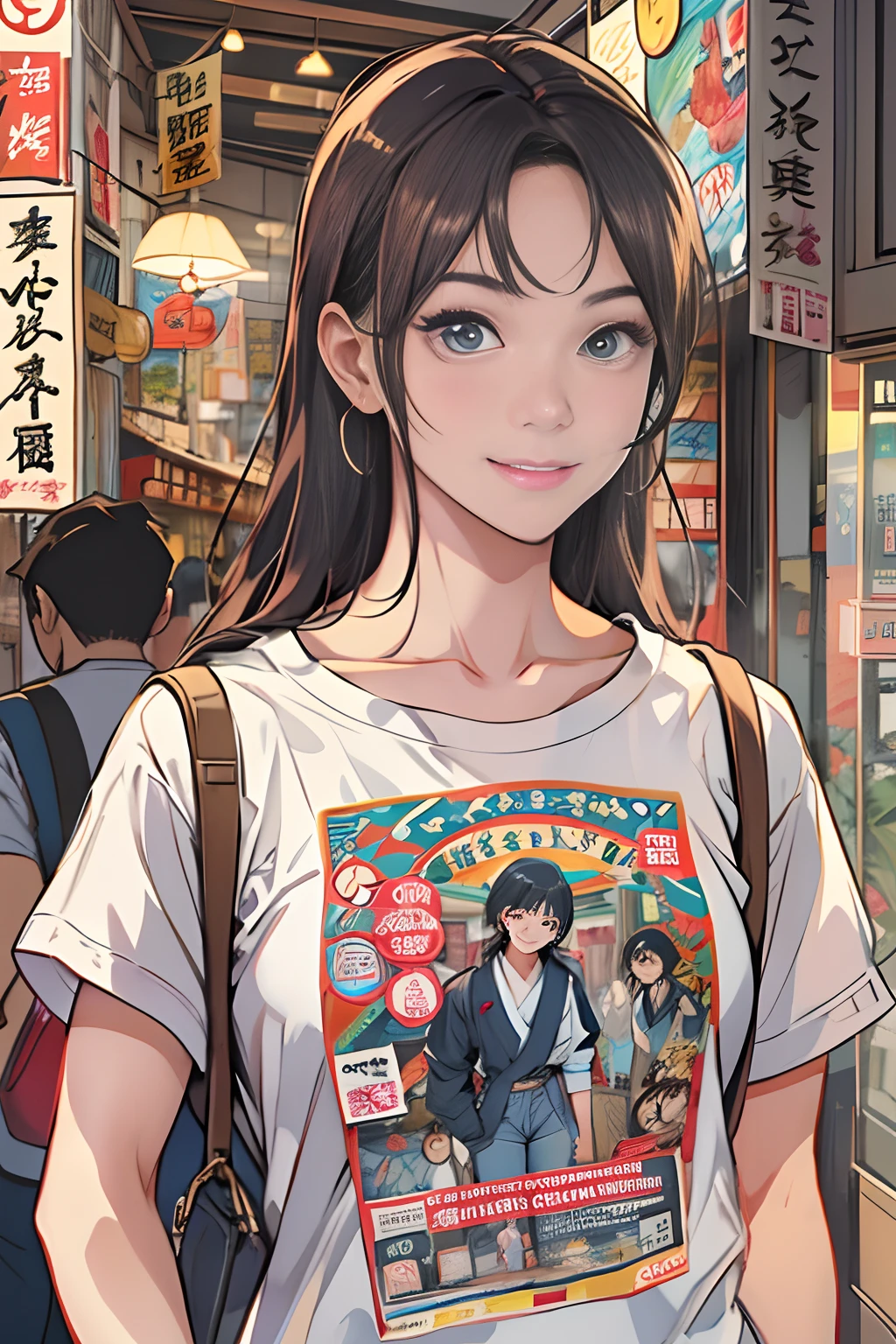 A young woman named Yang Feiyue standing on a busy street, Contemporary Rough T-Shirt and Jeans、Holding a movie flyer in your hand, Surrounded by Japan stalls of Showa nostalgia, There was anticipation and a slight smile on her face.,  ,In the style of the star art group Xing, 32K, Best Quality, masutepiece, Super Detail, high details