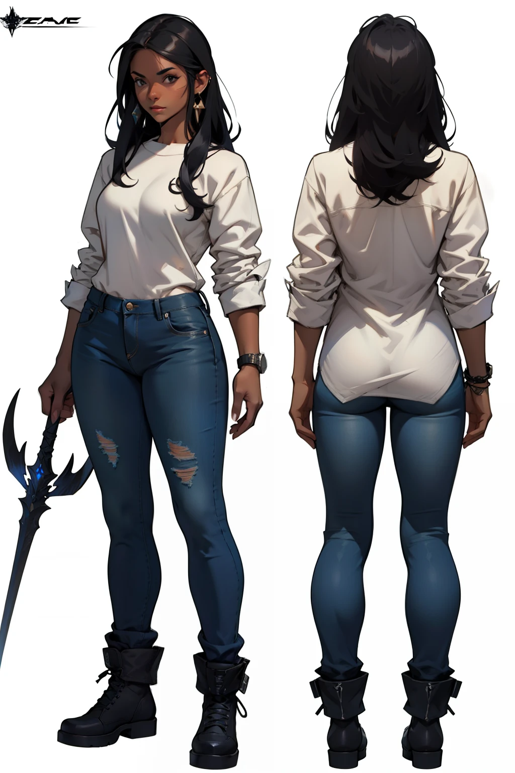 Close-up of a woman in a average casual costume ((white shirt and short jeans)), ((character concept art)), ((character design sheet, same character in front, side and back)), ((concept art)) character art, video game character design, video game character design, long spear, girl dark skinned and long black straight hair, grey glowing decoration on girl's clothes, expert high detail concept art, llong spear at her hand, detailed spear