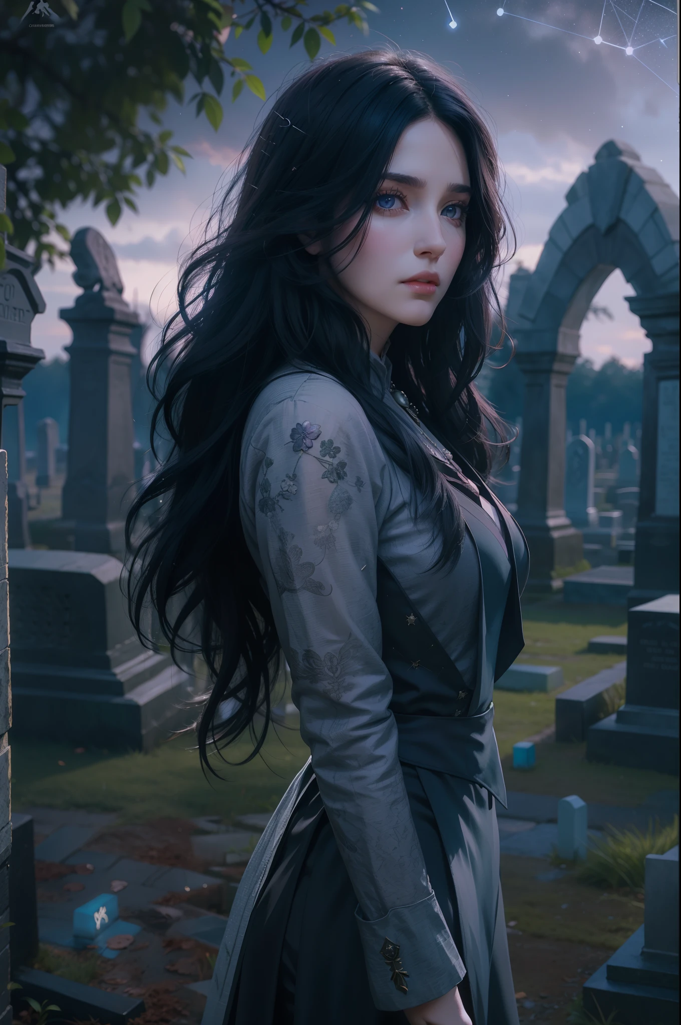 Beautiful woman reminiscent of Yennefer from The Witcher with long black hair and violet eyes bright as constellations, obra prima, ultra qualidade, 8k, cabelos caindo sobre seus ombros, in the background a cemetery, She's wearing a black suit and tie.....