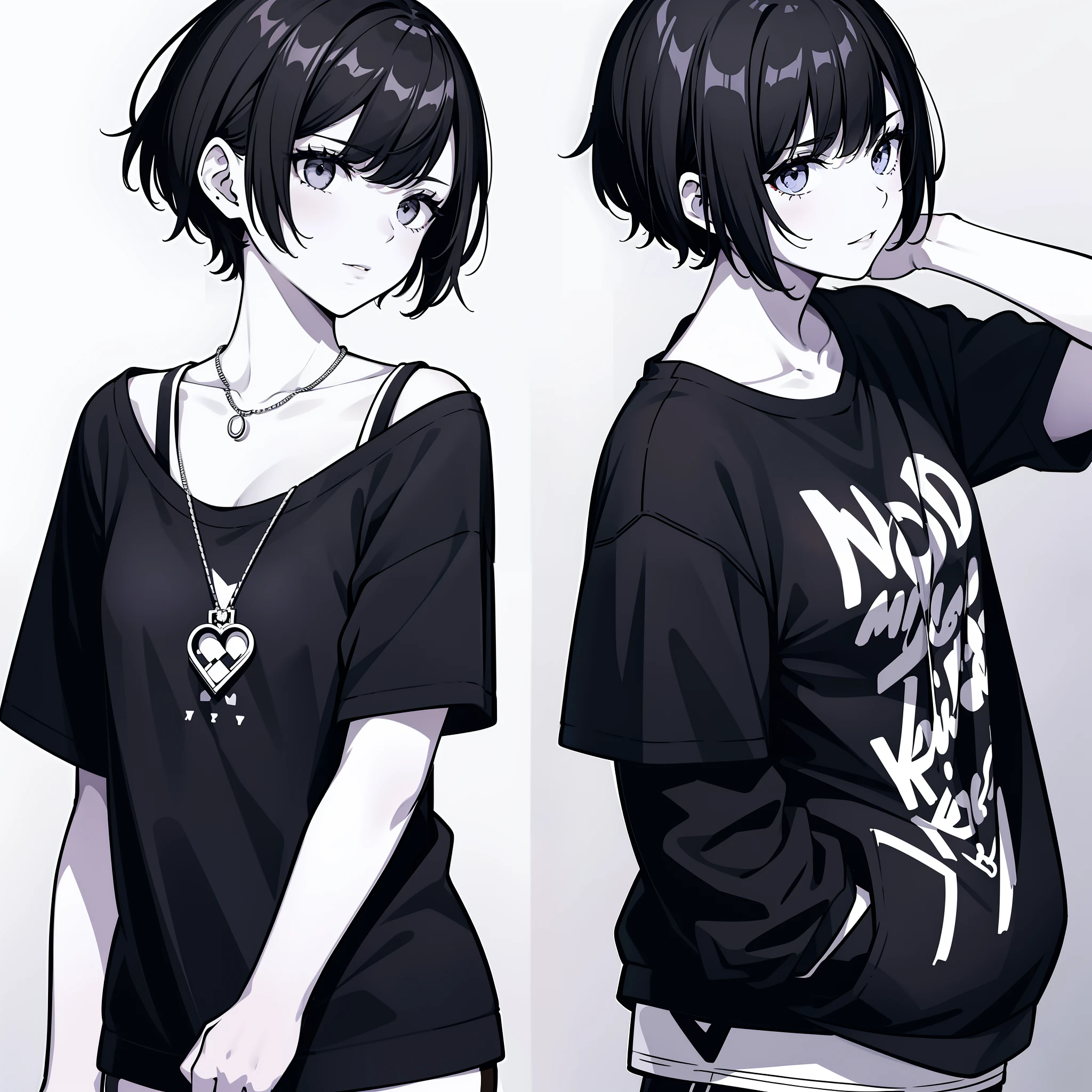 girl, side portrait, black and white, messy short hair, edgy accessories,sporty style, casual t-shirt, confident gaze, monochrome color scheme, looking to the side, chic street fashion, casual hands in pockets pose,head,((a person))