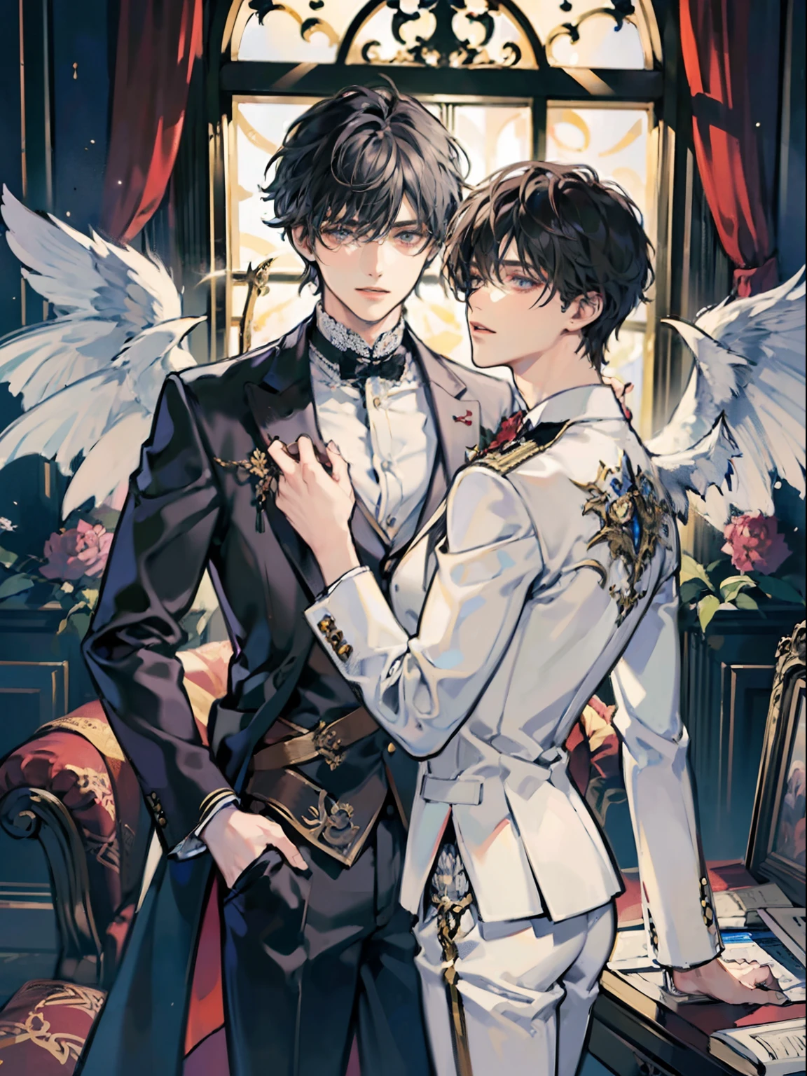 (((Masterpiece))), Best quality, Elegant and detailed character descriptions:Two males,One of them is angels,He has short curly hair in pure white and wears a white suit,Very gentle,The other is the devil,He has medium hair in dark burgundy and wears a black suit,Very bohemian,The devil holds the angel,Set against the backdrop of a vintage European bookstore。