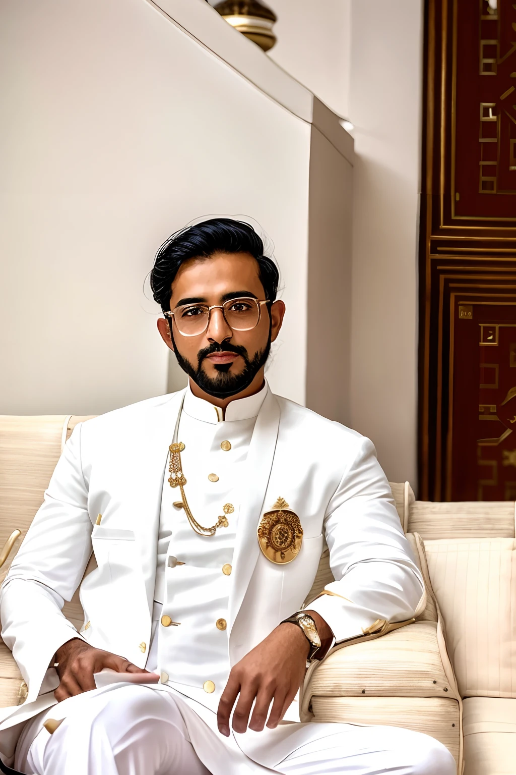there is a man sitting on a couch wearing a white suit, wearing white suit and glasses, dressed in a jodhpuri suit, kyza saleem, wearing white suit, khyzyl saleem, dressed thobe, doing an elegant pose, very very low quality picture, raden saleh, mid shot portrait, inspired by Osman Hamdi Bey, handsome man