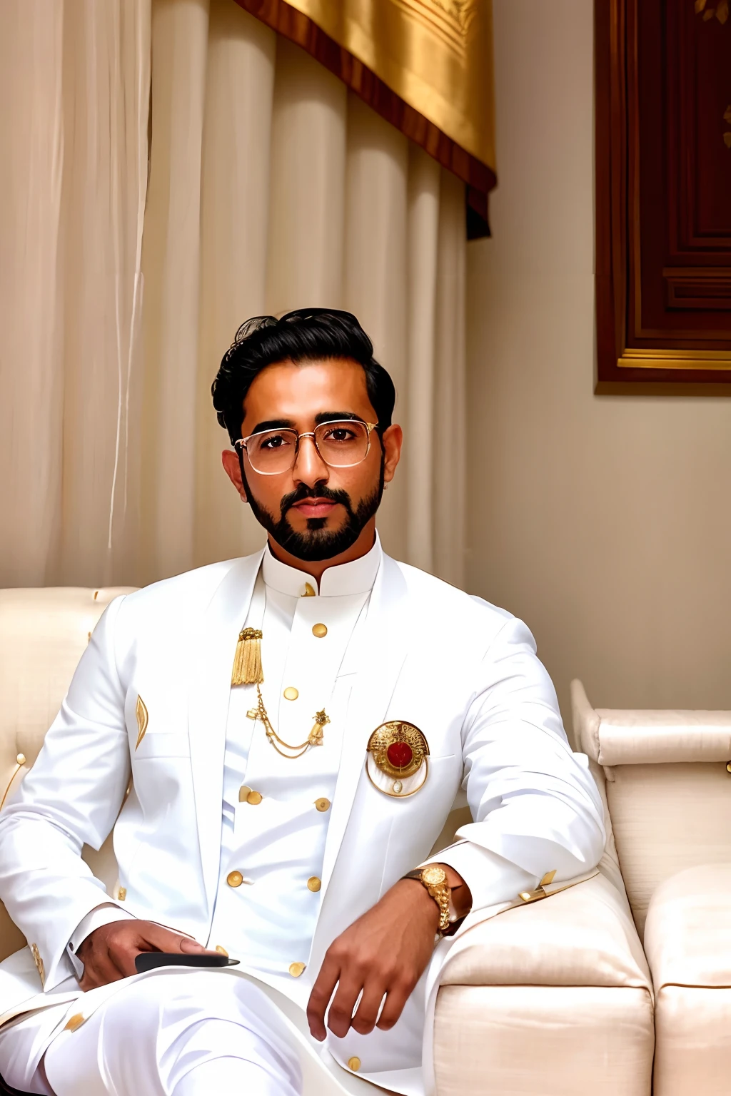 there is a man sitting on a couch wearing a white suit, wearing white suit and glasses, dressed in a jodhpuri suit, kyza saleem, wearing white suit, khyzyl saleem, dressed thobe, doing an elegant pose, very very low quality picture, raden saleh, mid shot portrait, inspired by Osman Hamdi Bey, handsome man