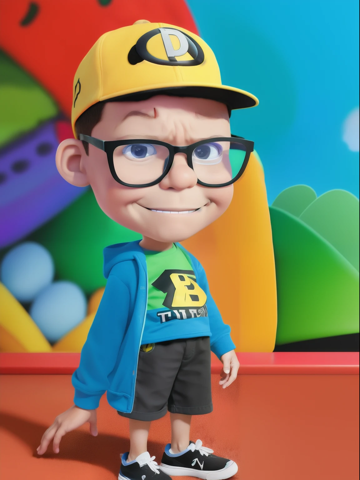 guttonervision8, [a 2-year-old boy wearing glasses], Pixar, renderizado, Cartoon, Popmart, estilo hiper-realista