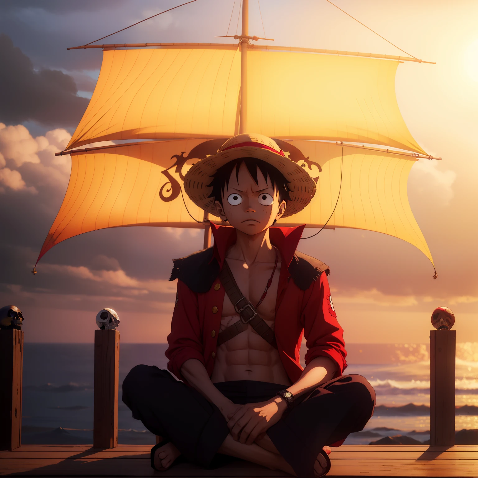 1 boy, monkey d.luffy, a straw hat pirate, sitting pose, ship background thousand sunny logo flag ship straw hat skull