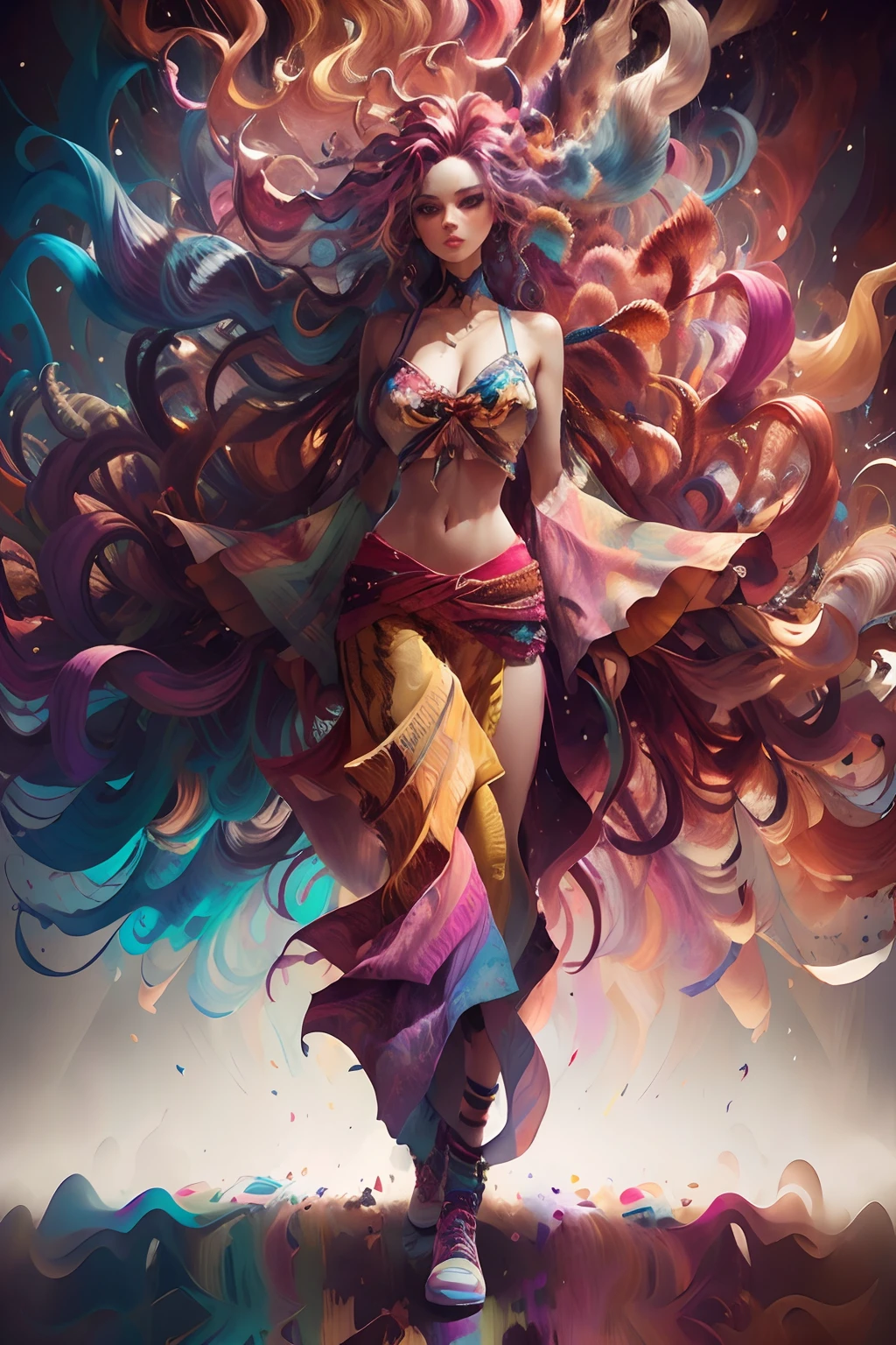 (full body:1.2), (Smokexxx:1.4), 1girl with really wild hair, (wavy multicolor hair:1.2), (two long braids:1.2), (long wild hair:1.2), (multicolored hair: 1.9), wearing a long skirt, high contrast, epic cinematic, soft studio lights, rim light, absurd, amazing, funny, itricate, hyper detailed, ultra realistic, soft colors, 8K