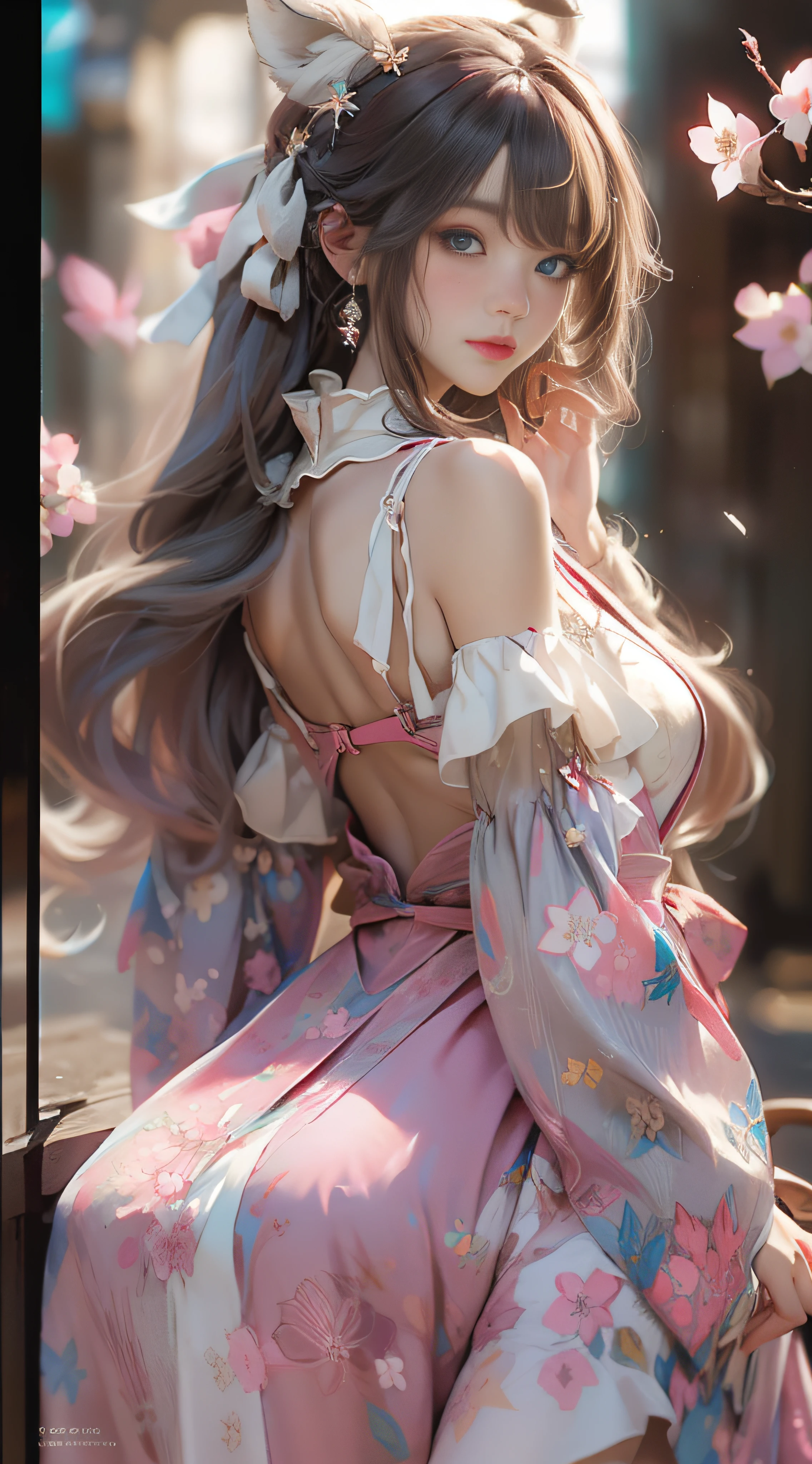 ((best qualtiy)), ((tmasterpiece)), (detail:1.4), Beautiful cyberpunk female images,hdr(HighDynamicRange),Ray traching,NVIDIA RTX,Hyper-Resolution,illusory 5,sub surface scattering,PBR textures,post-proces,Anisotropy Filtering,depth of fields,maximum definition and sharpness,Many-Layer Textures,Albedo e mapas Speculares,Surface coloring,Mitsu-Accurate simulation of material interactions,perfectly proportioned,rendering by octane,Two-colored light,largeaperture,Low ISO,White balance,Rule three points、8K raw data、Beautiful bright blue pupils,off-the-shoulder clothes,Fine pupils,Delicate face and eyes,long eyelasher,Blushlush,Delicate and fluffy hair,pink lip,Pure,Cute face,Sweet girl,Artistic sense,Casual wear,Advancedsense,butterflys,Cherry blossom petal,Beautiful hair accessories,Long hair and waist,Hair fluttering in the wind,Snow-white fox ears,curlies,Snow-white fluffy tail,Positive light,The light from the back window is backlighted