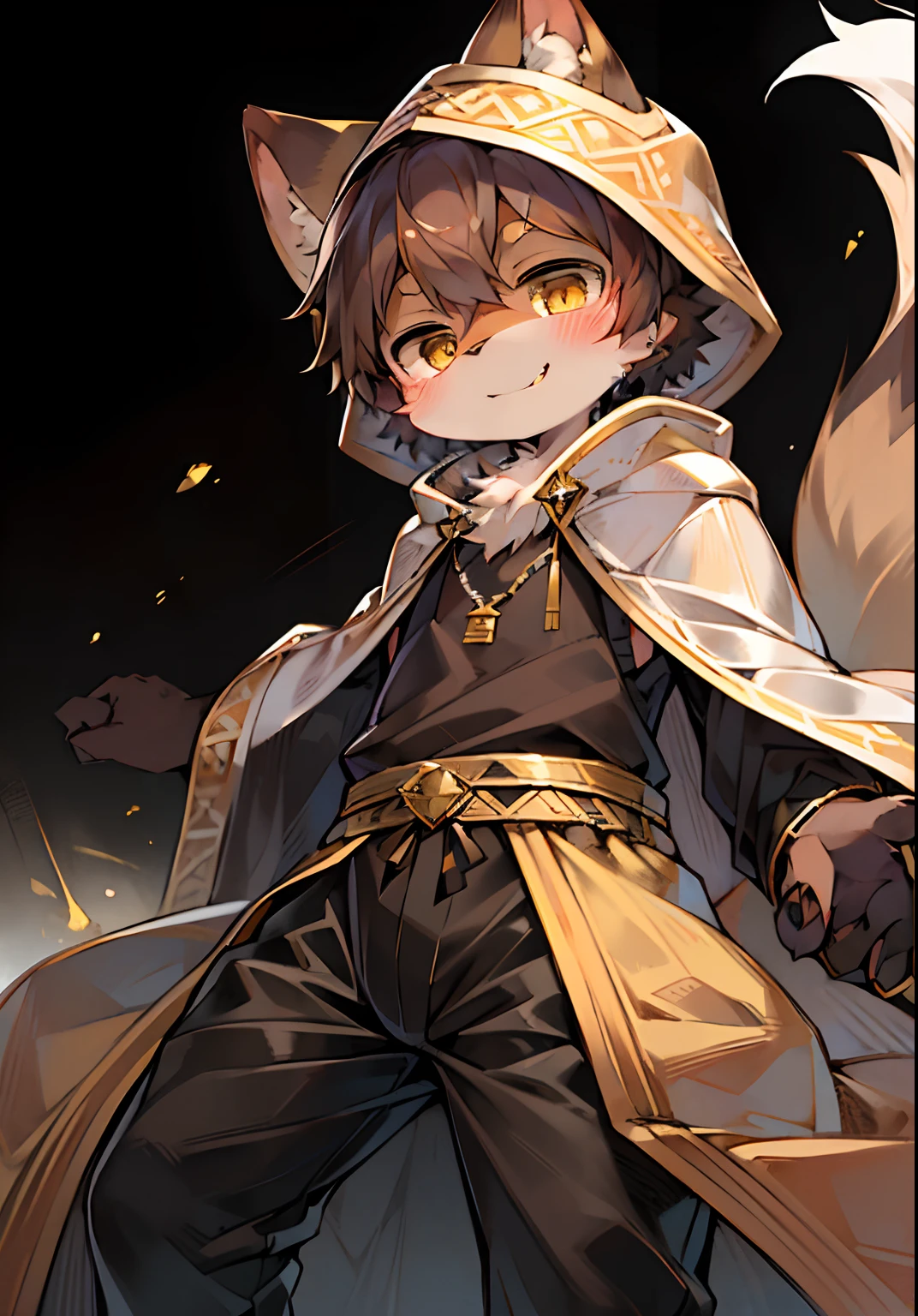 (Bright environment:0.8),masterpiece,high quality,abstract res,digital painting\(artwork\), by dagasi, yupa,kiyosan,(anthro,fluffy fur,character focus:1.1),anthro male cat,short hair,portrait , eyes with brightness, in a panoramic view, Character focus.(detailedbackground:0.7), 独奏, shaggy, shaggy male, malefocus, anthr,(Full Body Furry, Fluffy tail, Brownish-black fur, Deep gold eyes, Dark brown gradient hair:1.2), (long canines、Black and yellow hooded sweatshirt，White cloak，Brownish yellow pants:1.2），（A little smile，Cold：1.1），