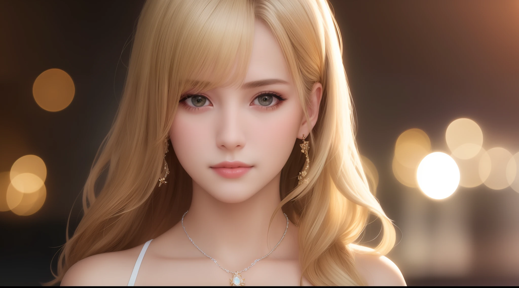 best quality, masterpiece, high_res, 1girl, hair ornament, necklace, jewelry, Beautiful face, upon body, tyndall effect, photo realistic, dark studio, rim lighting, two tone lighting, (high detailed skin:1.2), 8k uhd, dslr, soft lighting, high quality, volumetric lighting, candid, Photograph, high resolution, 4k, 8k, Bokeh, medium breasts, open fingers, (hair color:blonde:1)