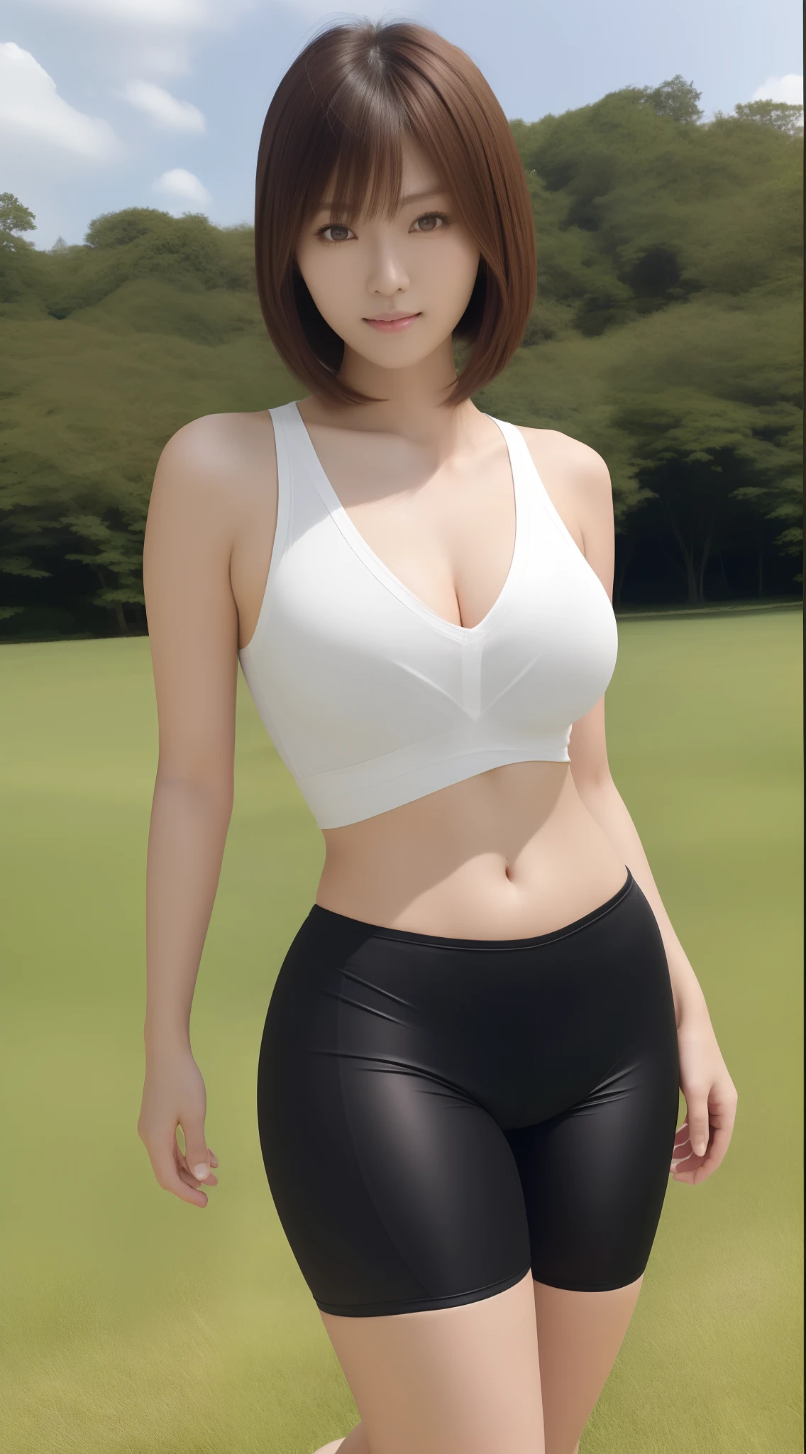 (16k, ultra high res, best quality, high quality, masterpiece:1.3), (a professional photo of girl), RAW photo, realistic illustration, (ultra detailed eyes and face), (ultra detailed beautiful skin),(Photos above the ankle:1.4), BREAK, solo photo, 1girl, standing, 25yo, beautiful, Petite facial features, Super Detail Beautiful Natural Skin, natural makeup, closed mouth, (brown hair), short hair, asymmetrical bangs, evil smile, narrow waist, slender, (wide hips:1.2), araffe woman in a white top and tight black bike shorts, photorealistic perfect body, beautiful japanese woman, standing, gorgeous young japanese woman, perfect body, wearing loose shirt, tight bike shorts, beautiful asian girl, attractive body, gorgeous model, realistic shaded perfect body, wearing simple clothes, loose T-shirt, low rise bike shorts, detailed abs, beautiful navel, cleavage, big breasts, she is very sexy, outdoor grass park,