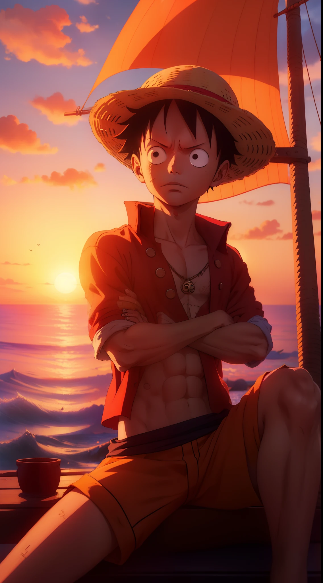 1 boy, monkey d.luffy, a straw hat pirate, sitting pose, ship background thousand sunny logo flag ship straw hat skull,Full hd, sunset glare and aesthetic