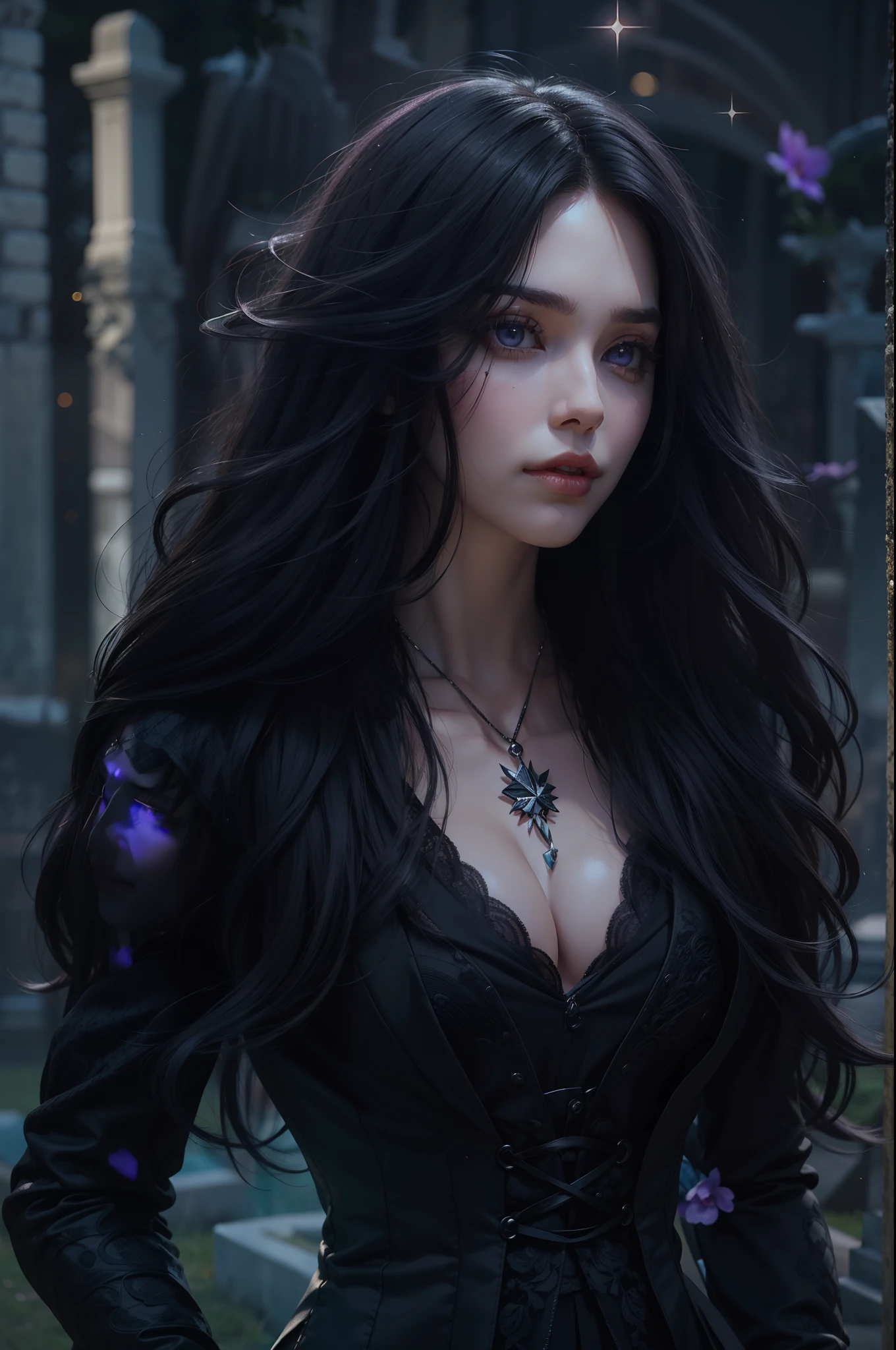 Beautiful woman reminiscent of Yennefer from The Witcher with long black hair and violet eyes bright as constellations, obra prima, ultra qualidade, 8k, cabelos caindo sobre seus ombros, in the background a cemetery, She's wearing a black suit and tie......