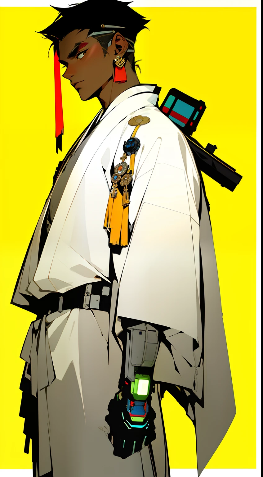 (Masterpiece, Top Quality, Best Quality), ((Cyberpunk Style, Robotic Arm, Hololo, Surreal Science Fiction Art, Future Science Fiction Aesthetics)), (1 Boy Solo), Close Up, (Determined Eyes), (Ancient Chinese Clothes, White Robe, Embroidered Collar Uesugi, White Big Sleeve Shirt, Streamers), (Hairpin, Long Black Hair, Weapons), (Hanfu), (Clear Facial Features, Detailed Skin Texture, Handsome Face), White Background, Earrings, Yellow Skin, Standing, (((flat color))),