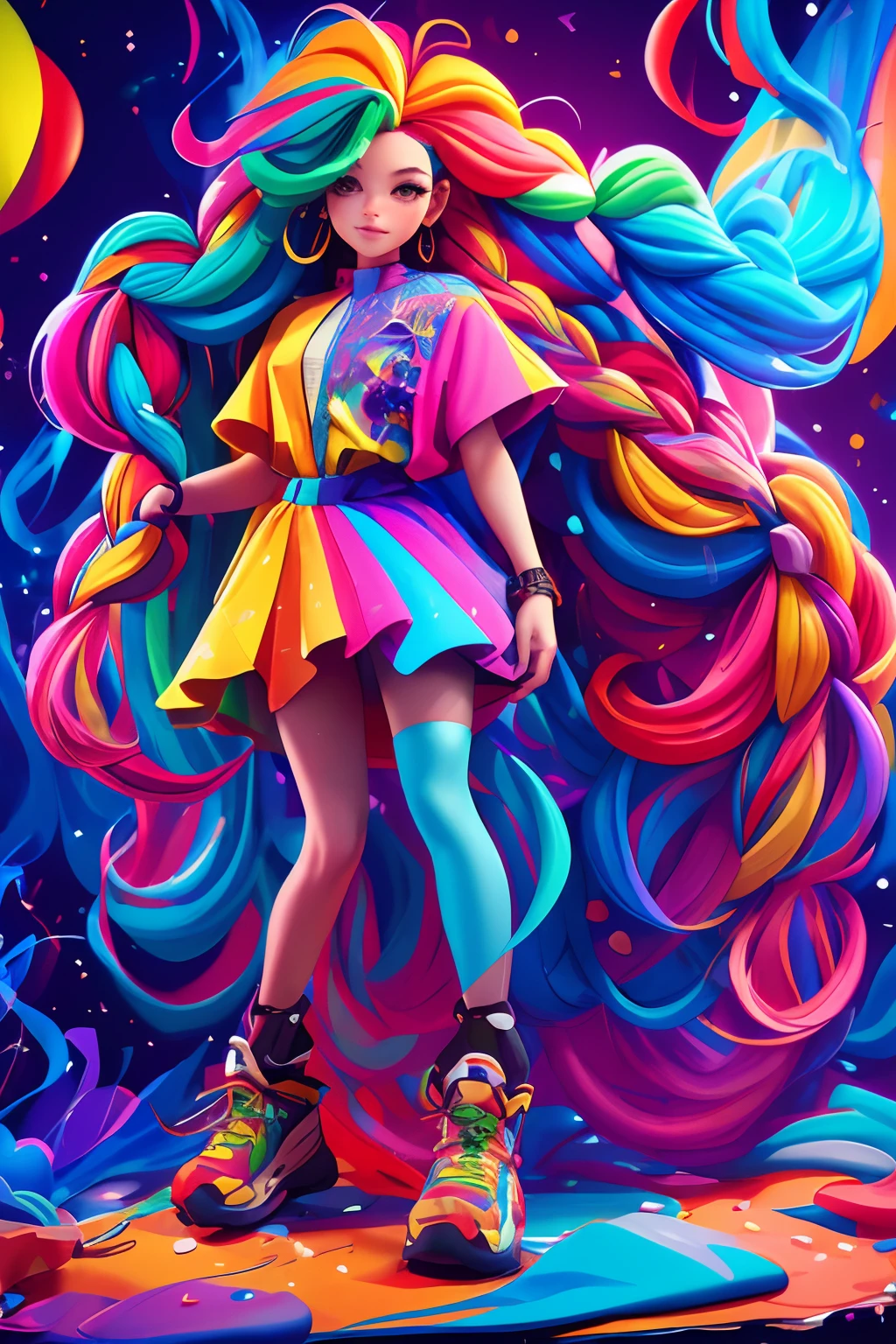 (full body:1.2), (Smokexxx:1.4), 1girl with really wild hair, (wavy multicolor hair:1.2), (two long braids:1.2), (long wild hair:1.2), (multicolored hair: 1.9), wearing a long skirt, high contrast, epic cinematic, soft studio lights, rim light, absurd, amazing, funny, itricate, hyper detailed, ultra realistic, soft colors, 8K