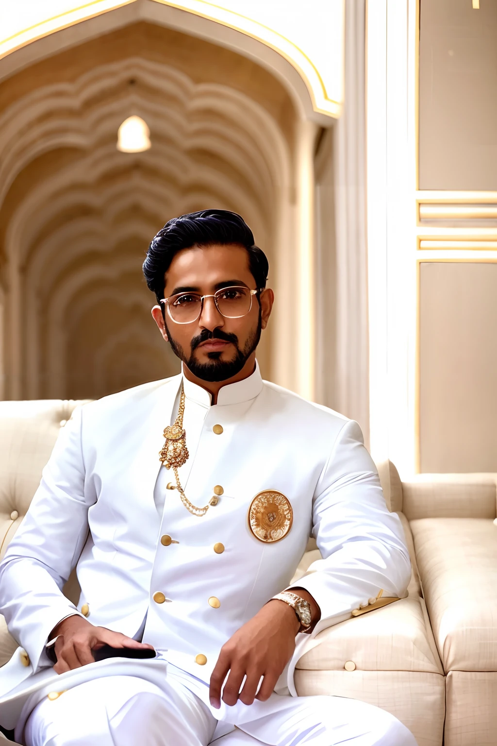 there is a man sitting on a couch wearing a white suit, wearing white suit and glasses, dressed in a jodhpuri suit, kyza saleem, wearing white suit, khyzyl saleem, dressed thobe, doing an elegant pose, very very low quality picture, raden saleh, mid shot portrait, inspired by Osman Hamdi Bey, handsome man