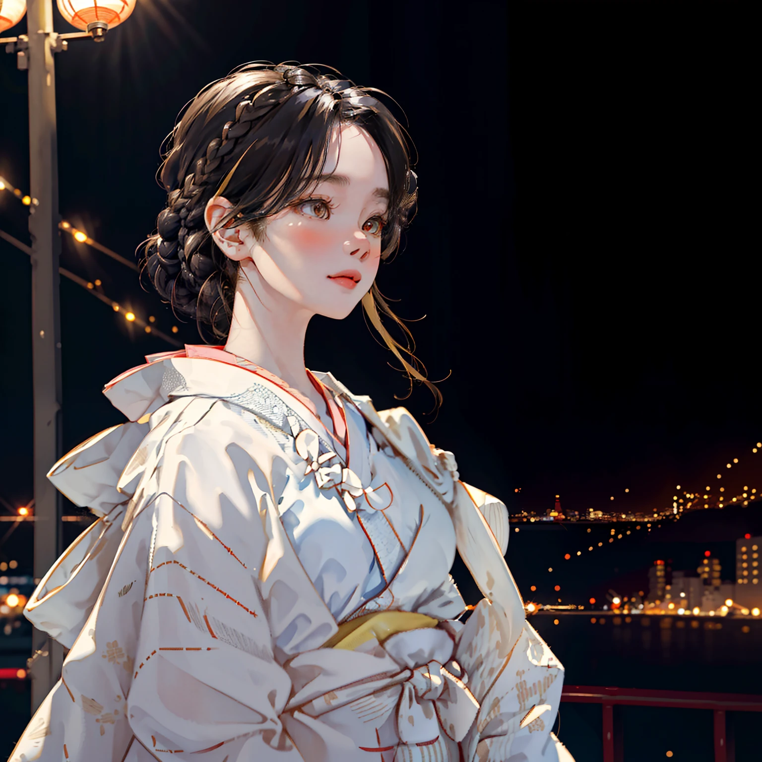 kr-pny, braided bun,  parted bangs, 1girl, portrait, black haired girl with yellow highlights, A girl walking down a boulevard in a big city with twinkling lights,
extremely detailed hair, intricate detail,
rim lighting, side lighting, cinematic light, ultra high res, 8k uhd, film grain,best shadow, delicate, RAW,
masterpiece, best quality, wearing kimono, Japanese store as background