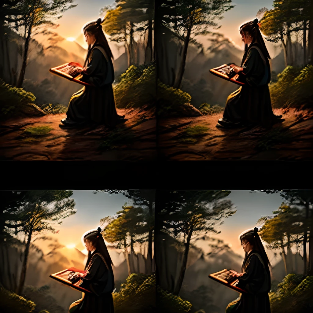 "Beautiful comic book style，Maiden playing guqin in the forest，Scene generation at sunset"